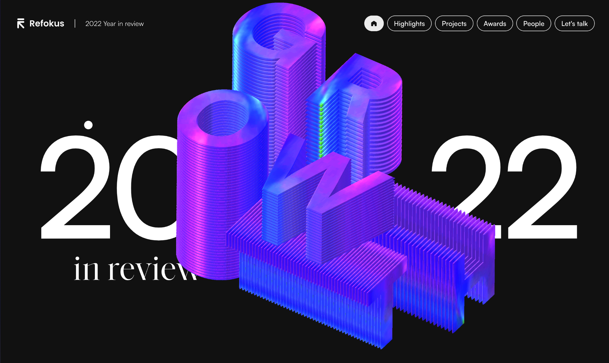 Refokus agency's 2022 year in review site, featuring an all-black background and a purple iridescent 3D illustration of the word GROWTH centered on the page.