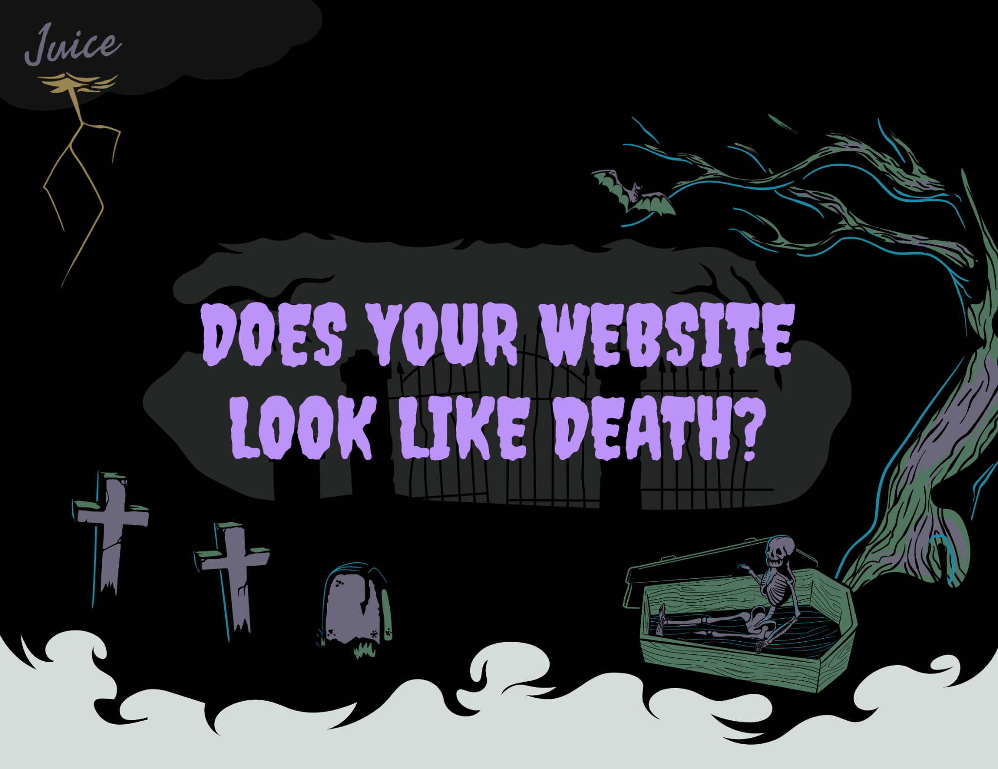 Microsite illustrated in a dark cartoonish graveyard with tombstone and a skeleton in a casket, with big purple spooky header text centered on the page that reads "Does your website look like death?"