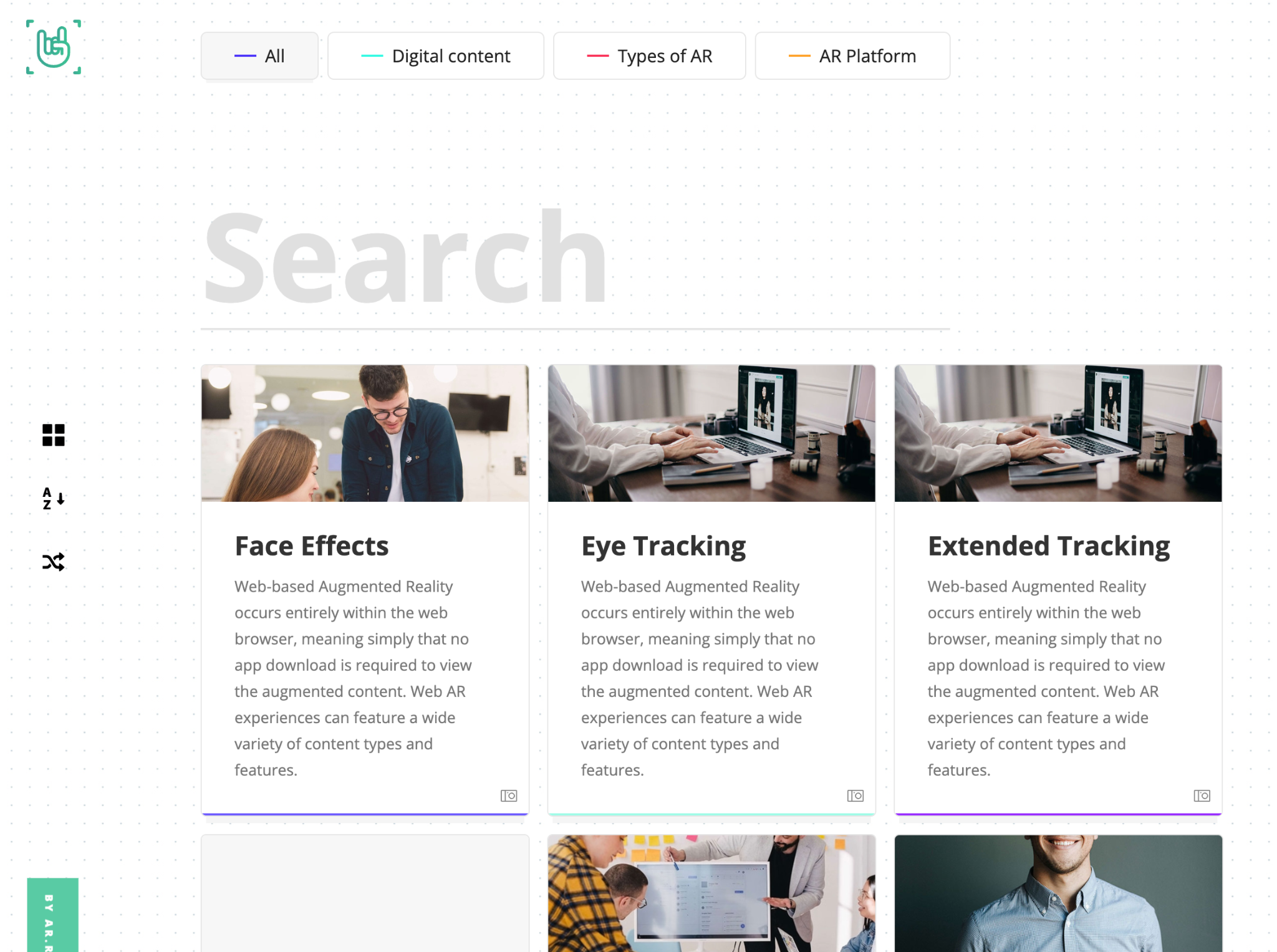 A simply grid-layout microsite, with each grid item displaying a glossary term, thumbnail, and brief definition. Above the term thumbnails is a large Search box.