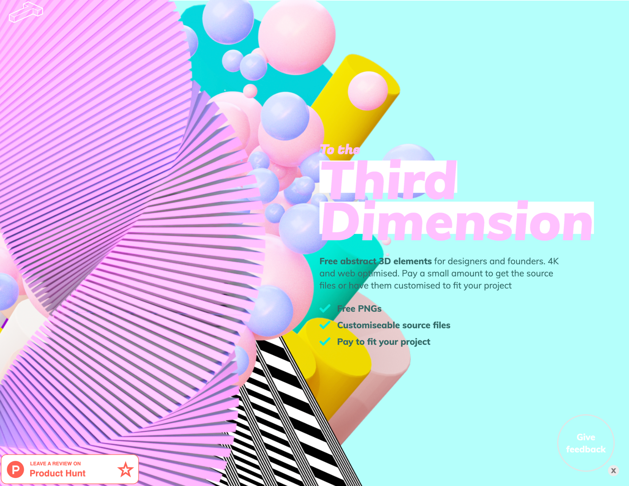 pastel colored 3D illustrations on a microsite page that reads "to the third dimension" advertising a free abstract 3D elements site for designers and founders.
