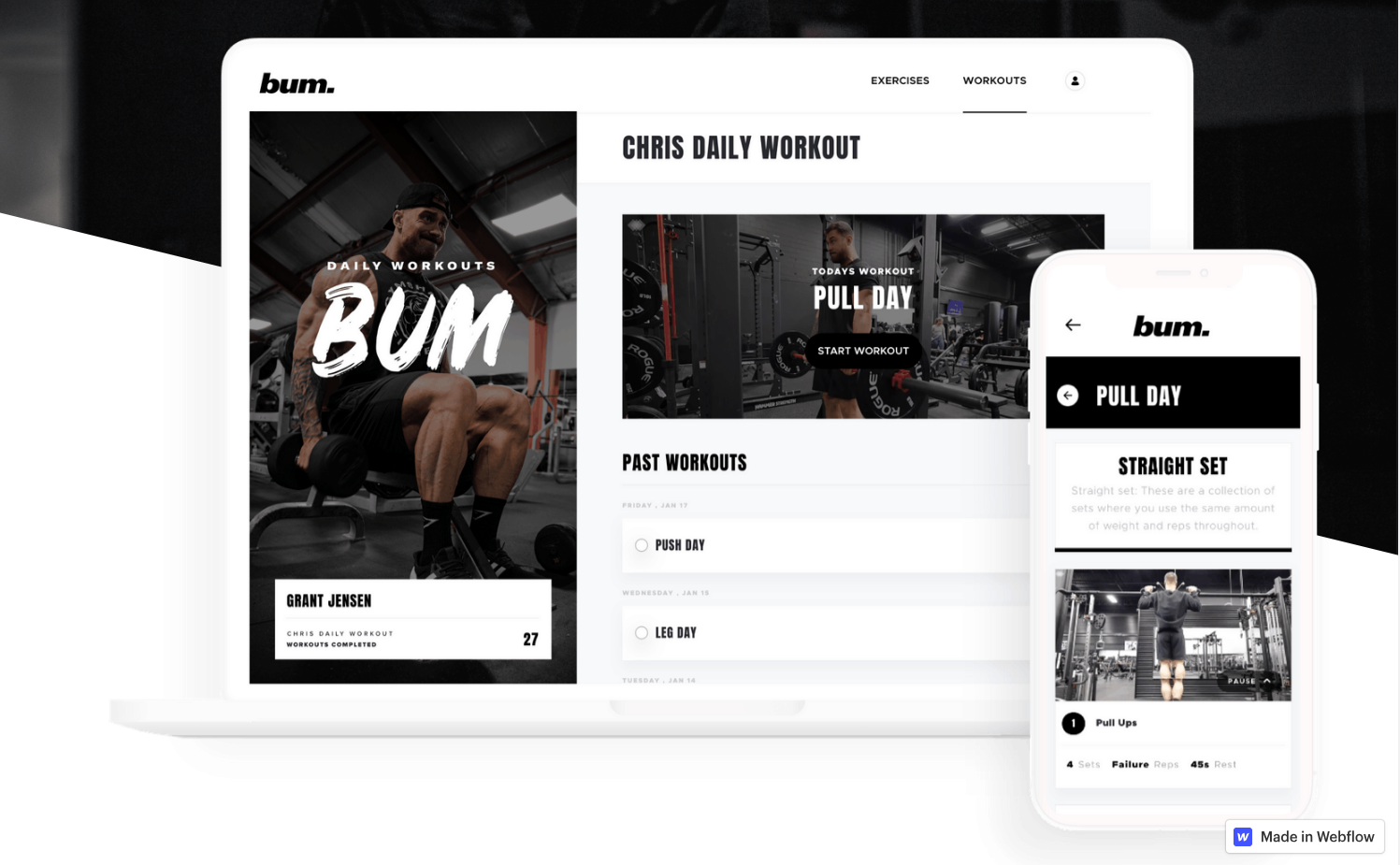 Chris Bumstead’s “CBum” workout app mockups for desktop and mobile.