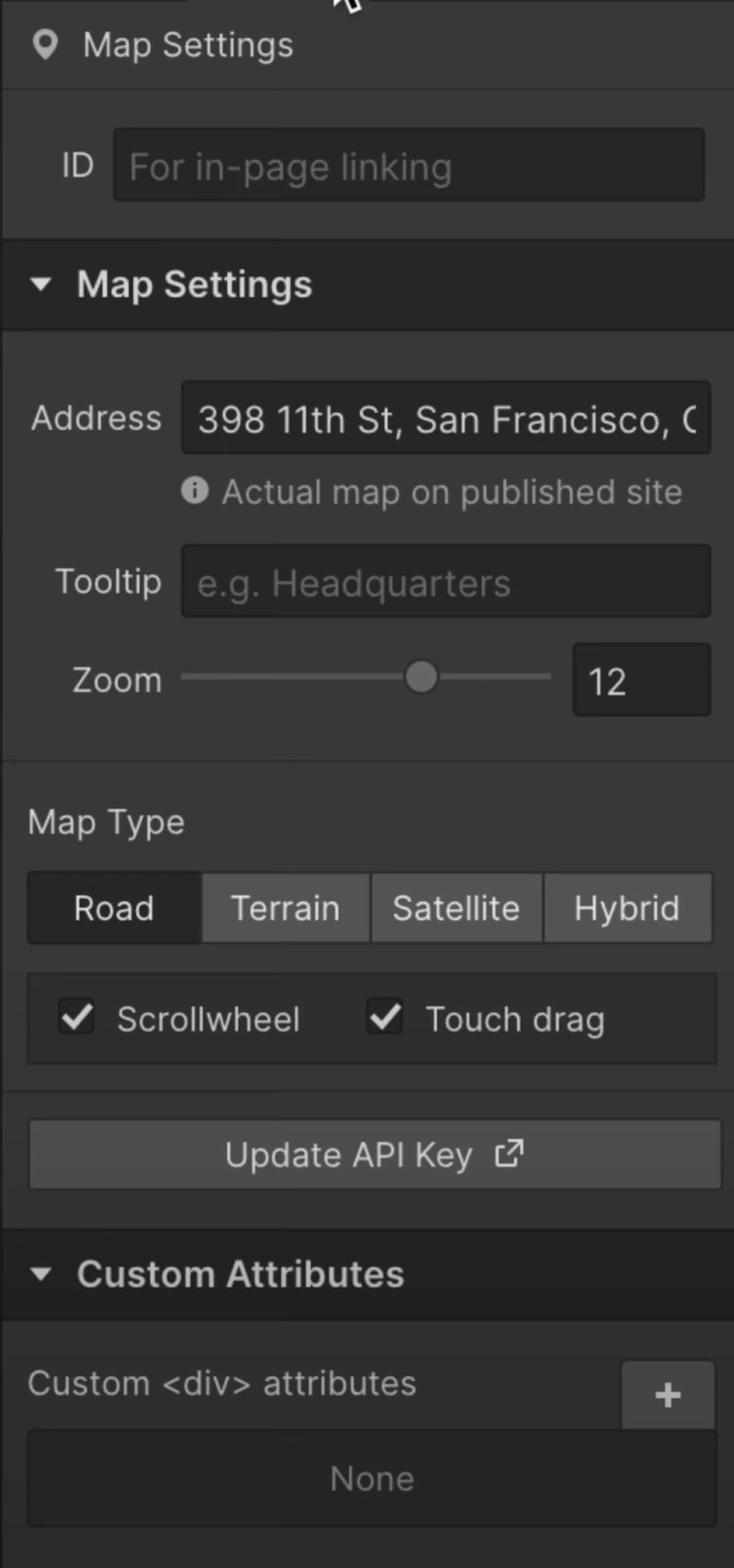 The part of the Webflow Designer where you can add map settings.