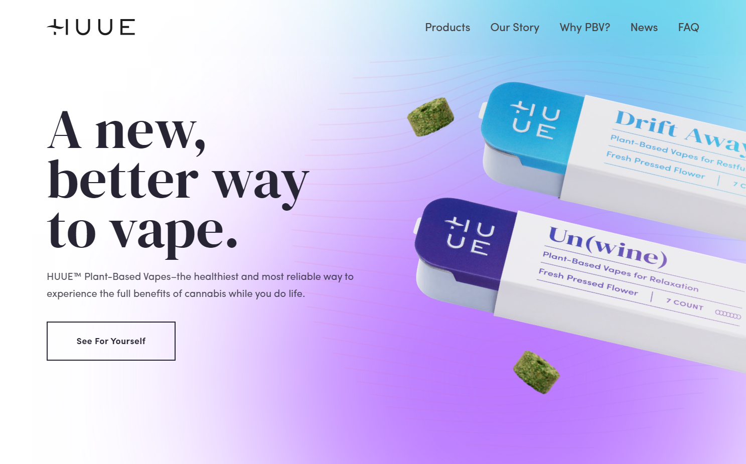 Huue vapes landing page showing two different types of vape. The headline reads “A new, better way to vape,” and the subheadline reads “HUUE Plant-Based Vapes — the healthiest and most reliable way to experience the full benefits of cannabis while you do life.”