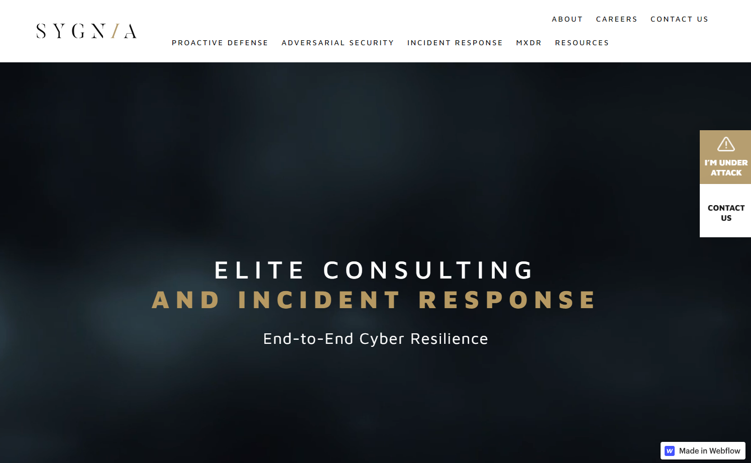 Sygnia cybersecurity homepage with the text “Elite consulting and incident response: End-to-end cyber resilience.”