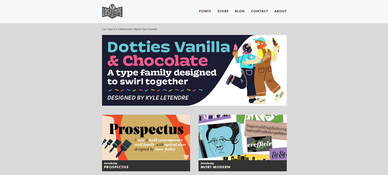 The Lost Type website homepage displays a list of new fonts added to their marketplace.