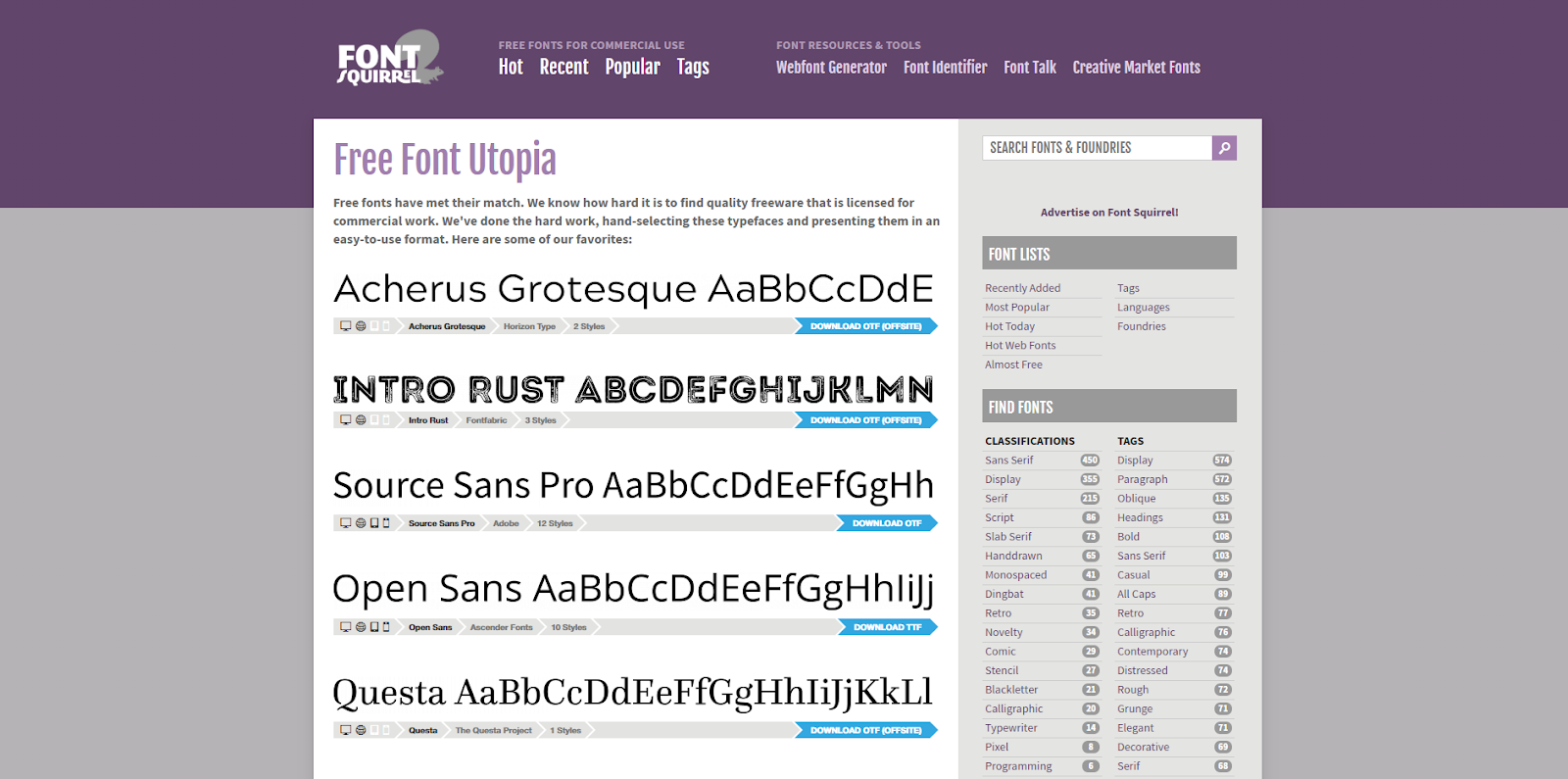 The Font Squirrel homepage displays a list of new fonts available on their site.