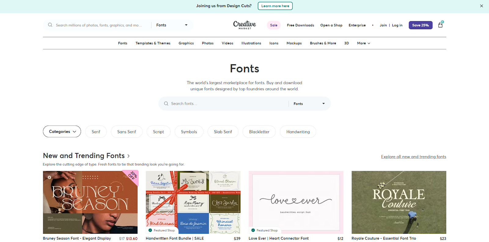 The Creative Market font page shows a selection of new and trending fonts and display fonts.