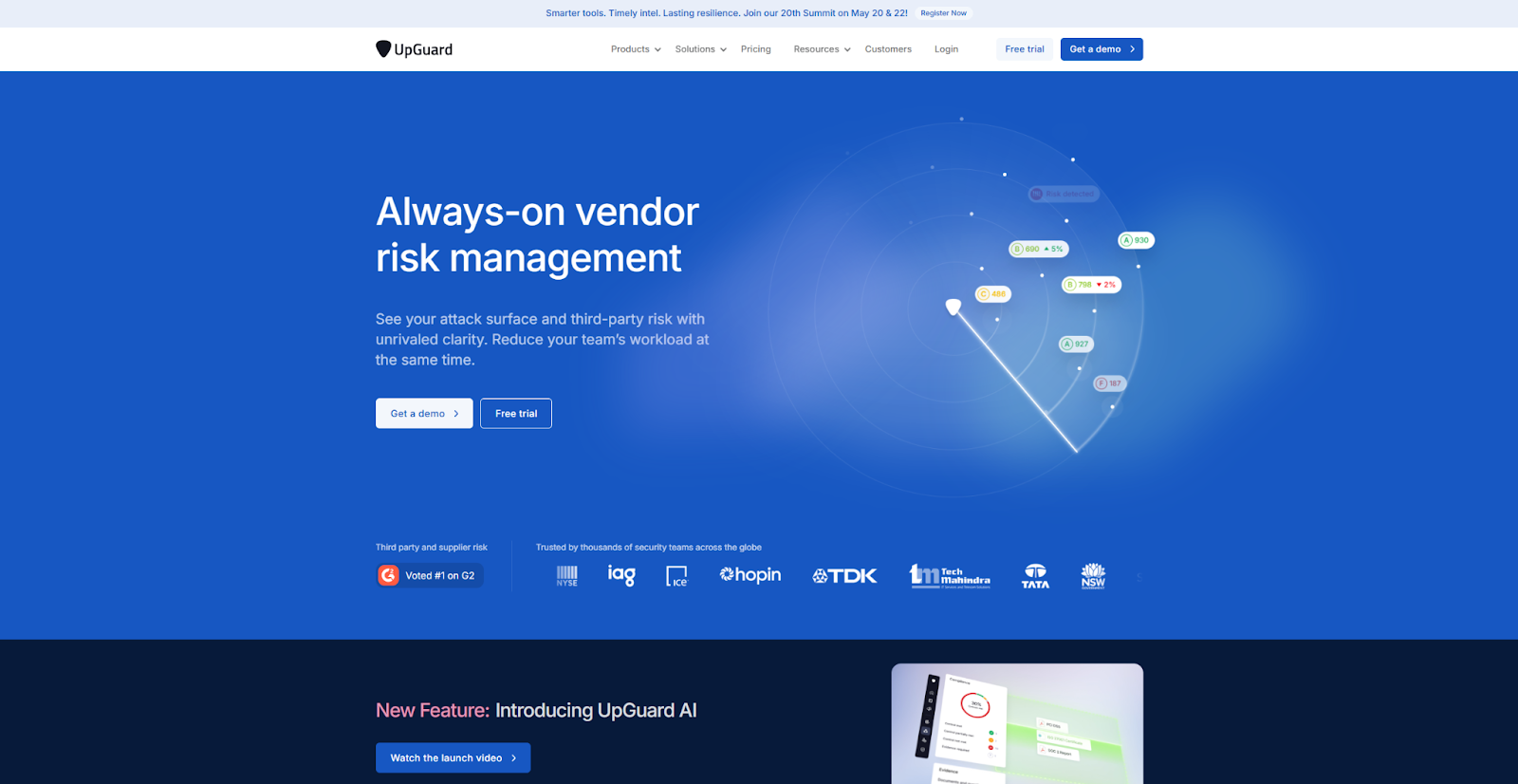 The UpGuard website begins with the headline, “Always-on vendor risk management,” beside a simple animation of a radar sweep.