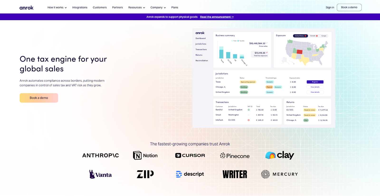 The Anrok homepage begins with the headline “One tax engine for your global sales,” beside a screenshot of the tool.
