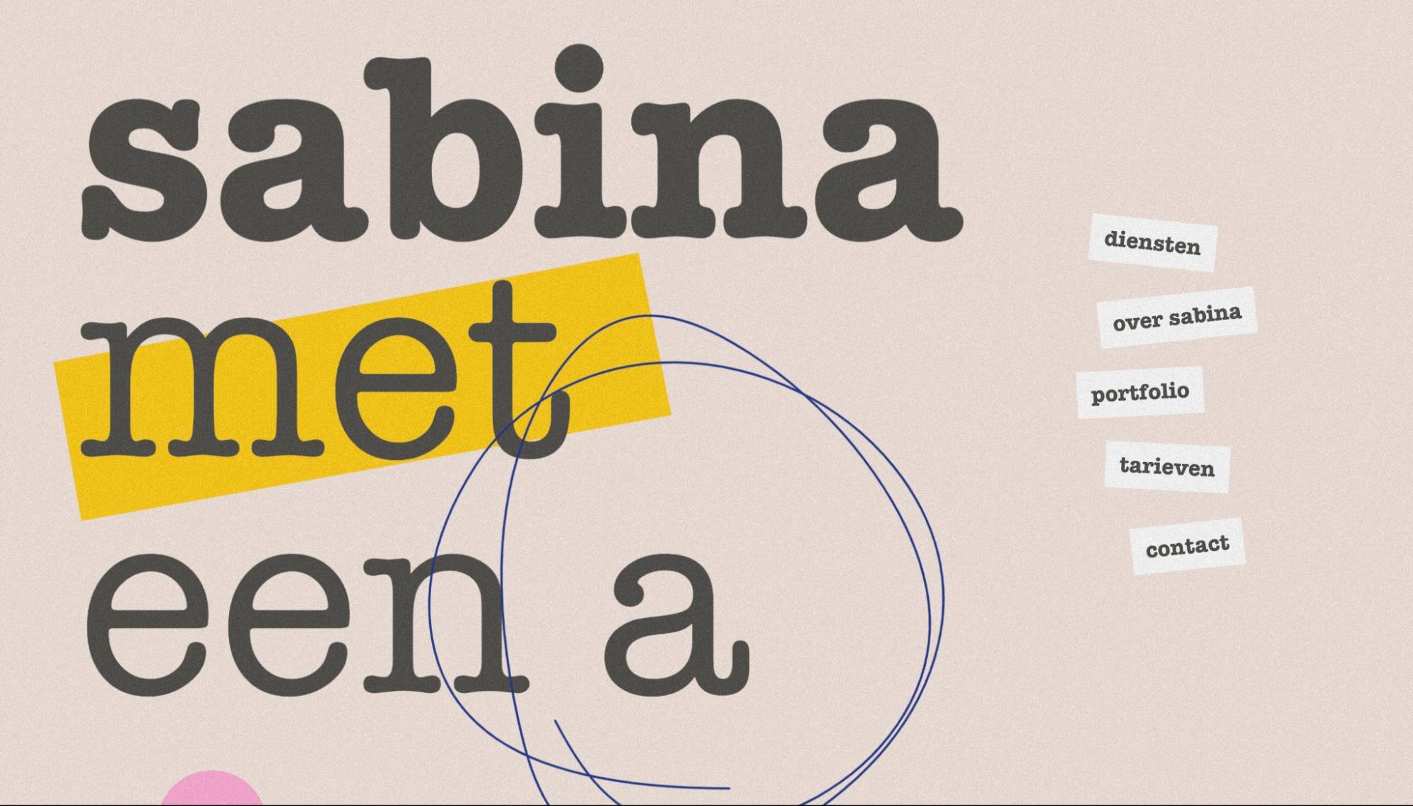 Light brown background, large black text "sabina met een a" "met" highlighted with yellow rectangle. "A" circles with blue scribbled lines.