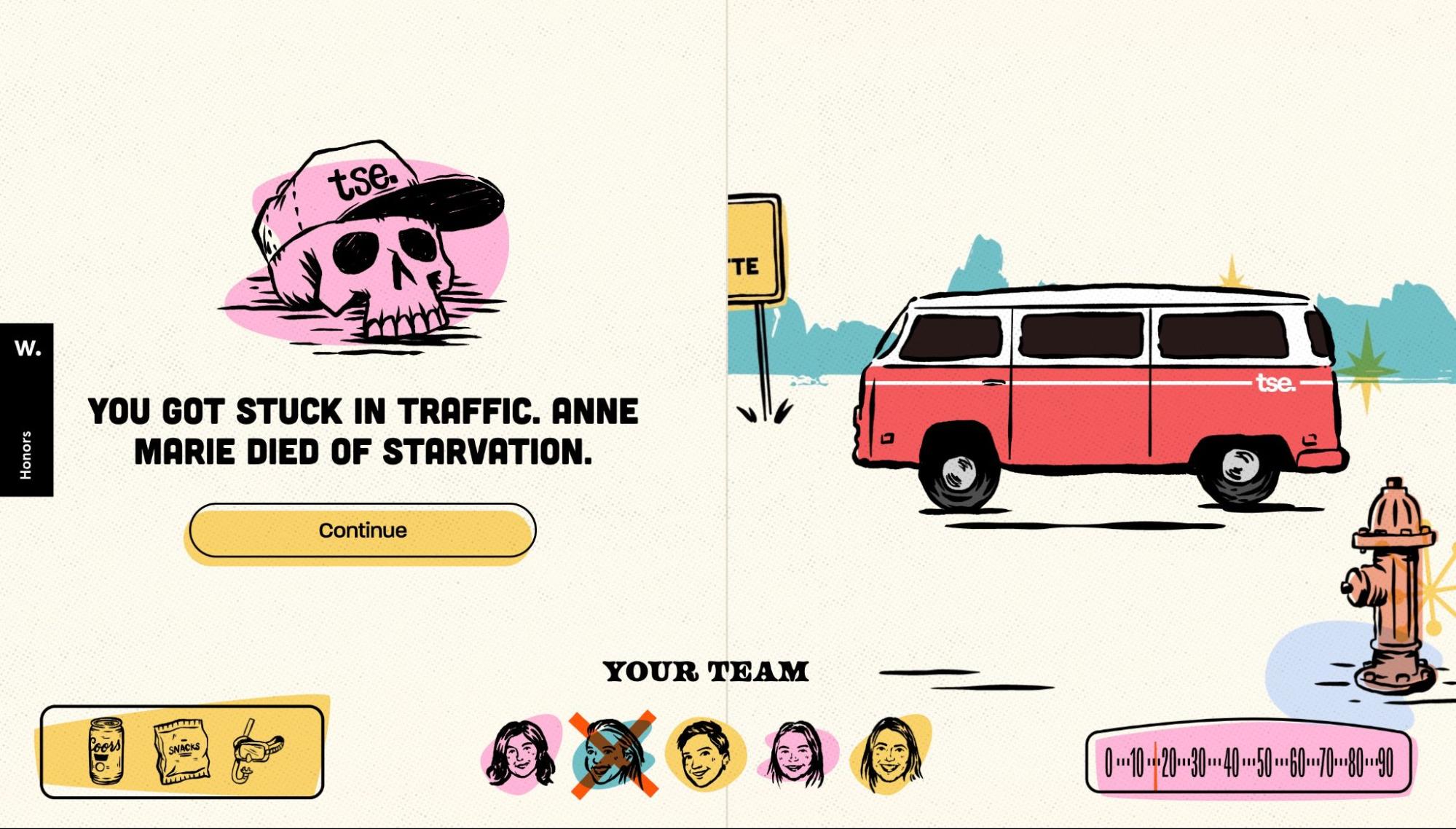 Split screen. Left side: Illustrated pink skull wearing baseball cap with "tse" on it above message "You got stuck in traffic. Anne Marie died of starvation." Right side: Illustration of red VW bus