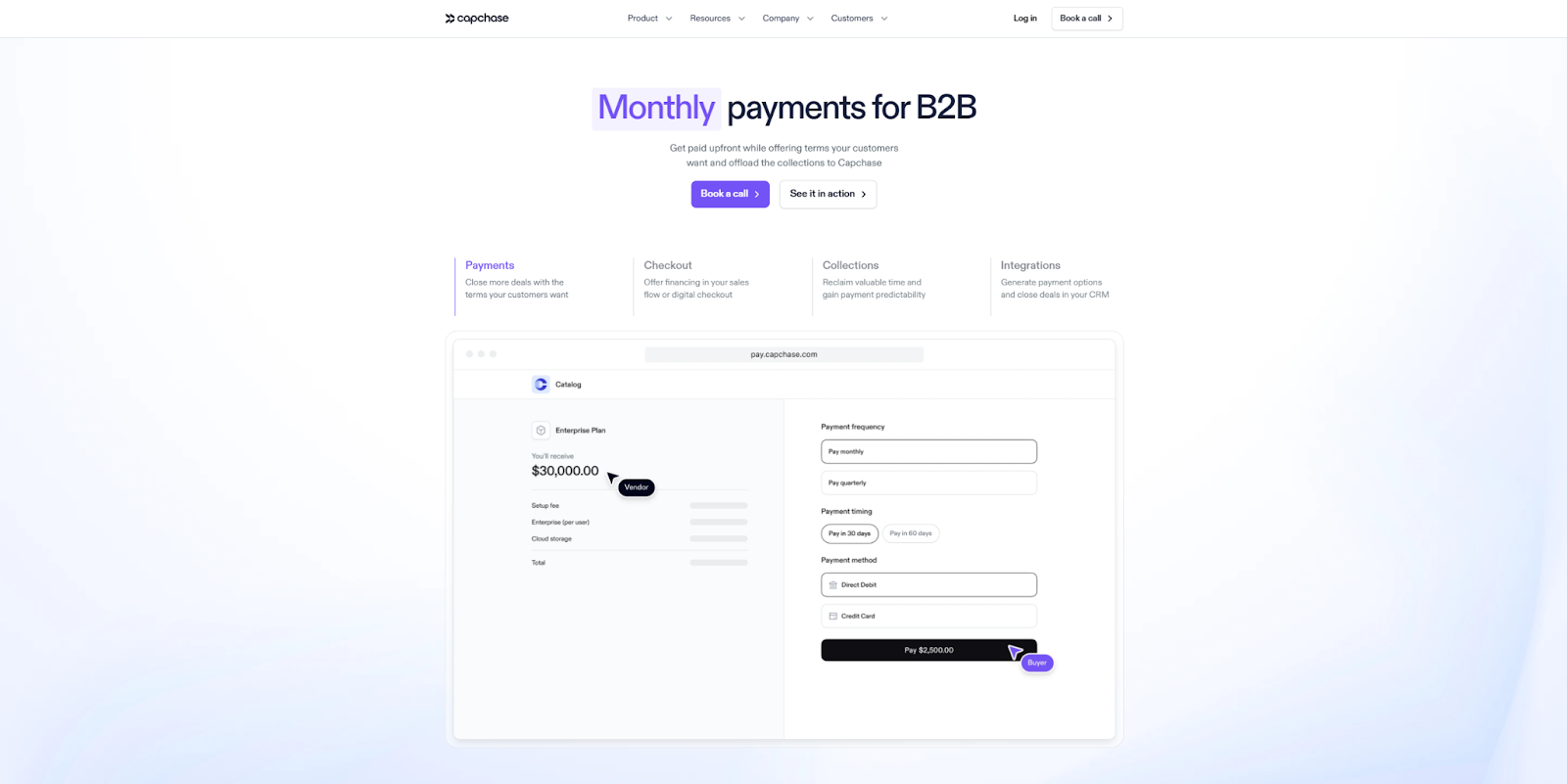 The Capchase website starts with a headline that changes the first word every few seconds, followed by sections outlining the tool offerings.