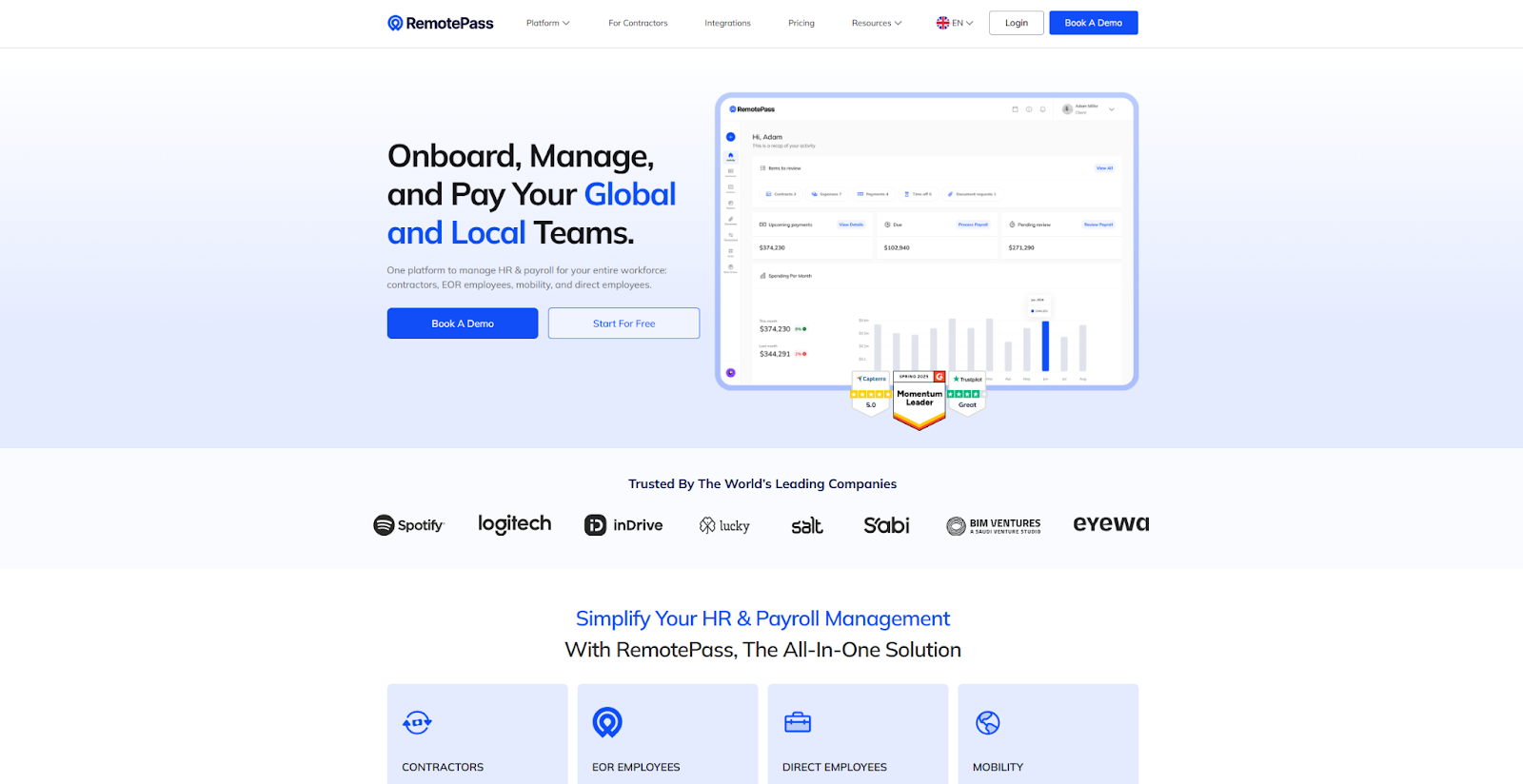 The RemotePass homepage begins with the headline “Onboard, manage, and pay your global and local teams,” next to a screenshot of the tool.