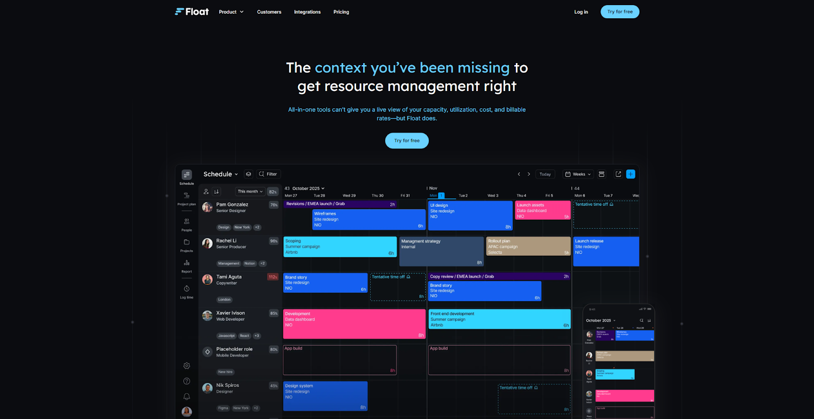 The Float homepage begins with the headline, “The context you’ve been missing to get resource management right,” with bright colors against a black background.