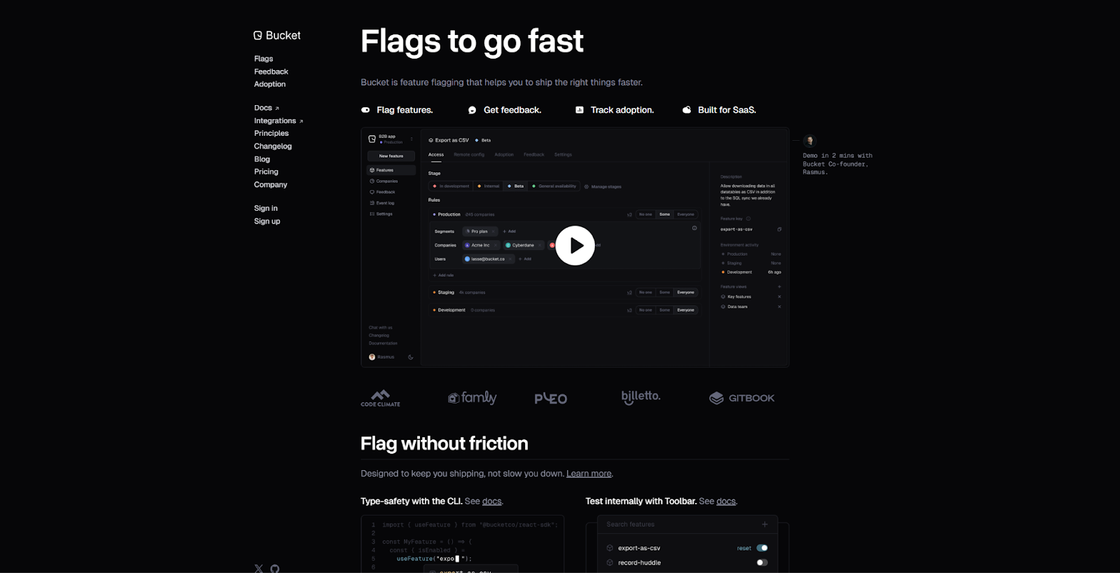The Bucket homepage begins with the headline, “Flags go fast,” above a video demo.