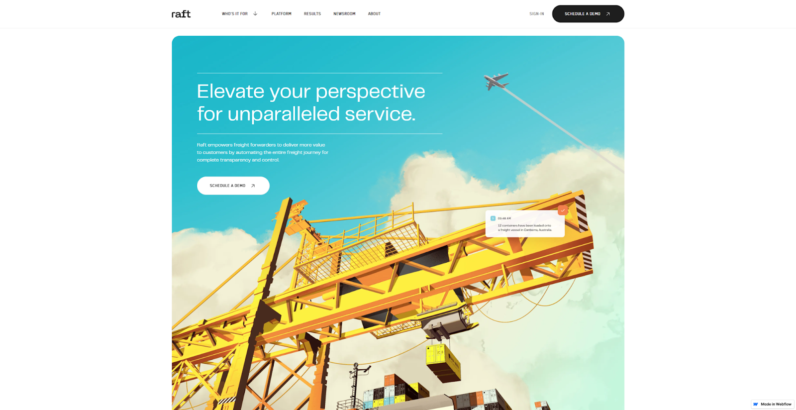 The Raft AI homepage begins with a large image of a shipping crane at a dock with the headline, “Elevate your perspective for unparalleled service.”