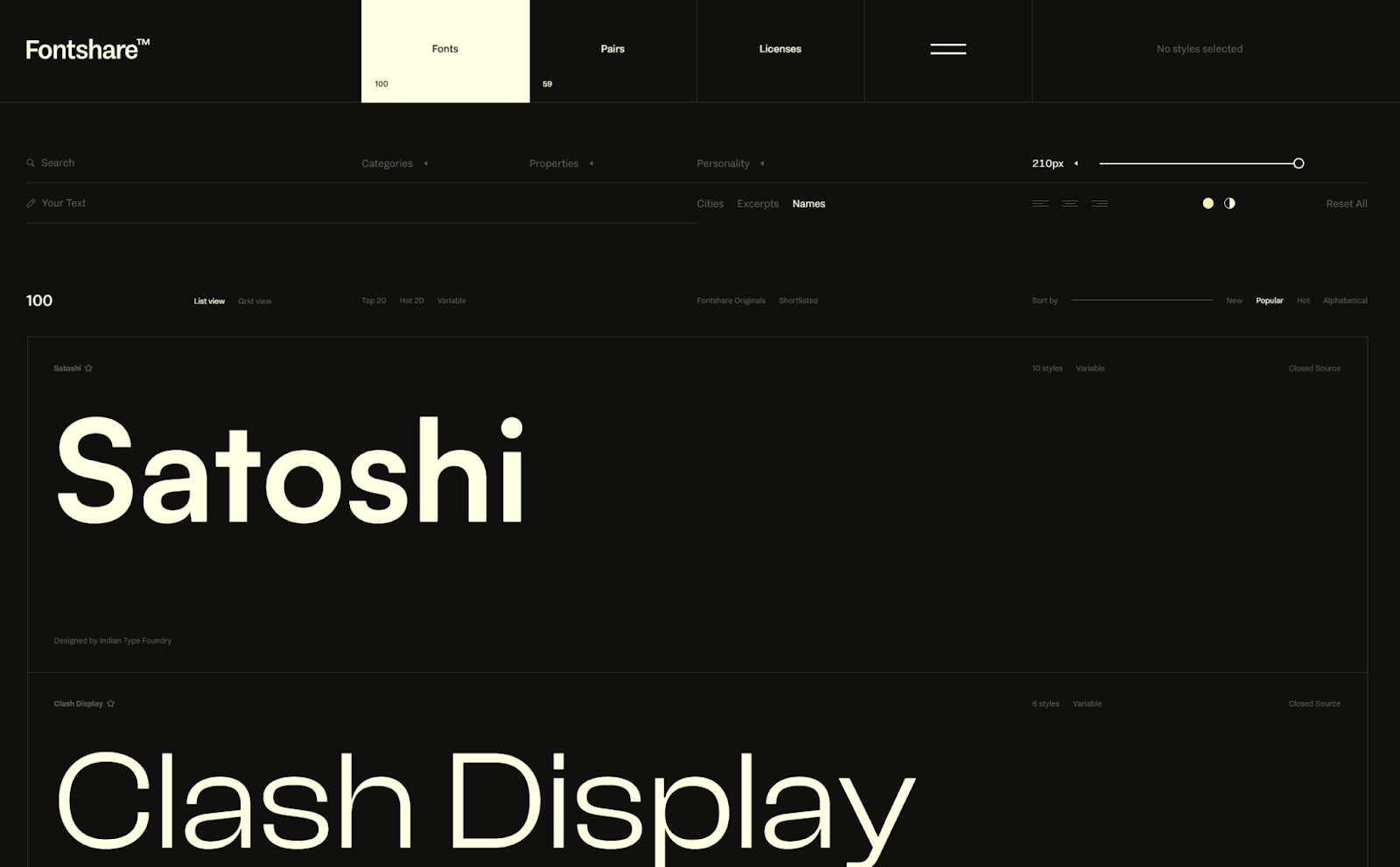 The Fontshare homepage shows some display fonts the site offers.