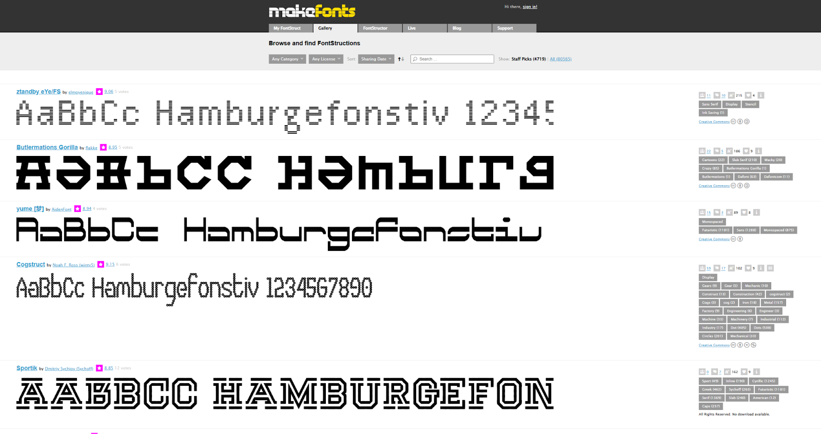 The FontStruct font page shows a list of new fonts designers have created.