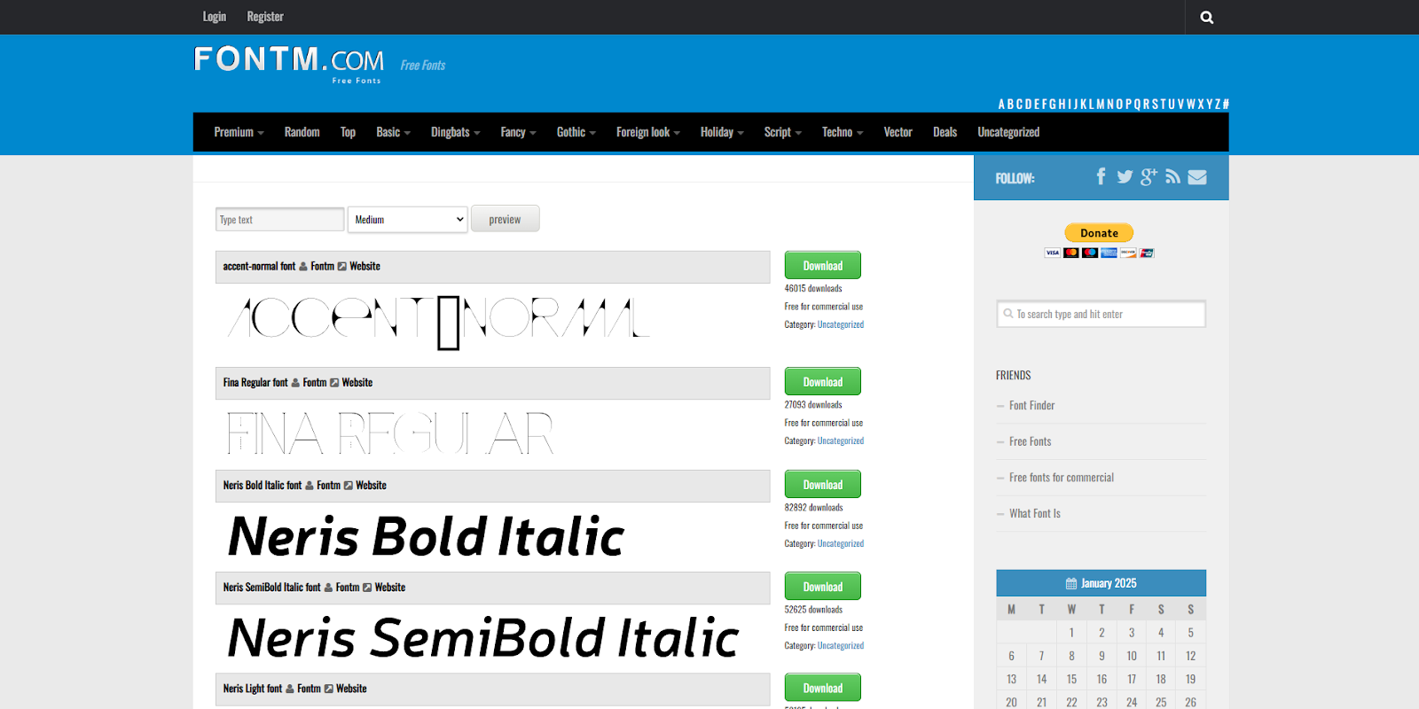 The FontM homepage shows a list of display fonts from various families.