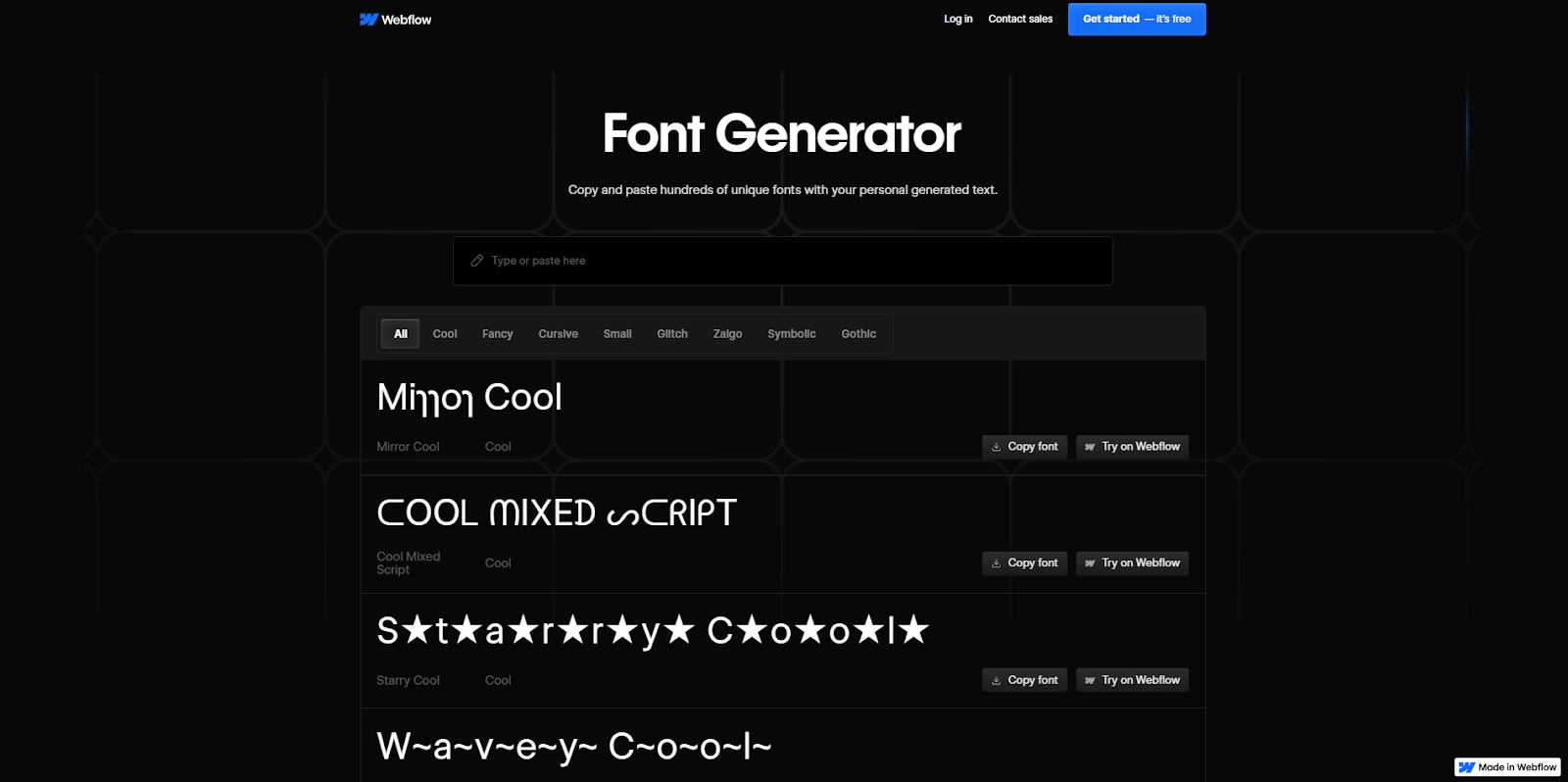 The Webflow Font Generator shows a list of free fonts and a font preview field for typing in custom text.