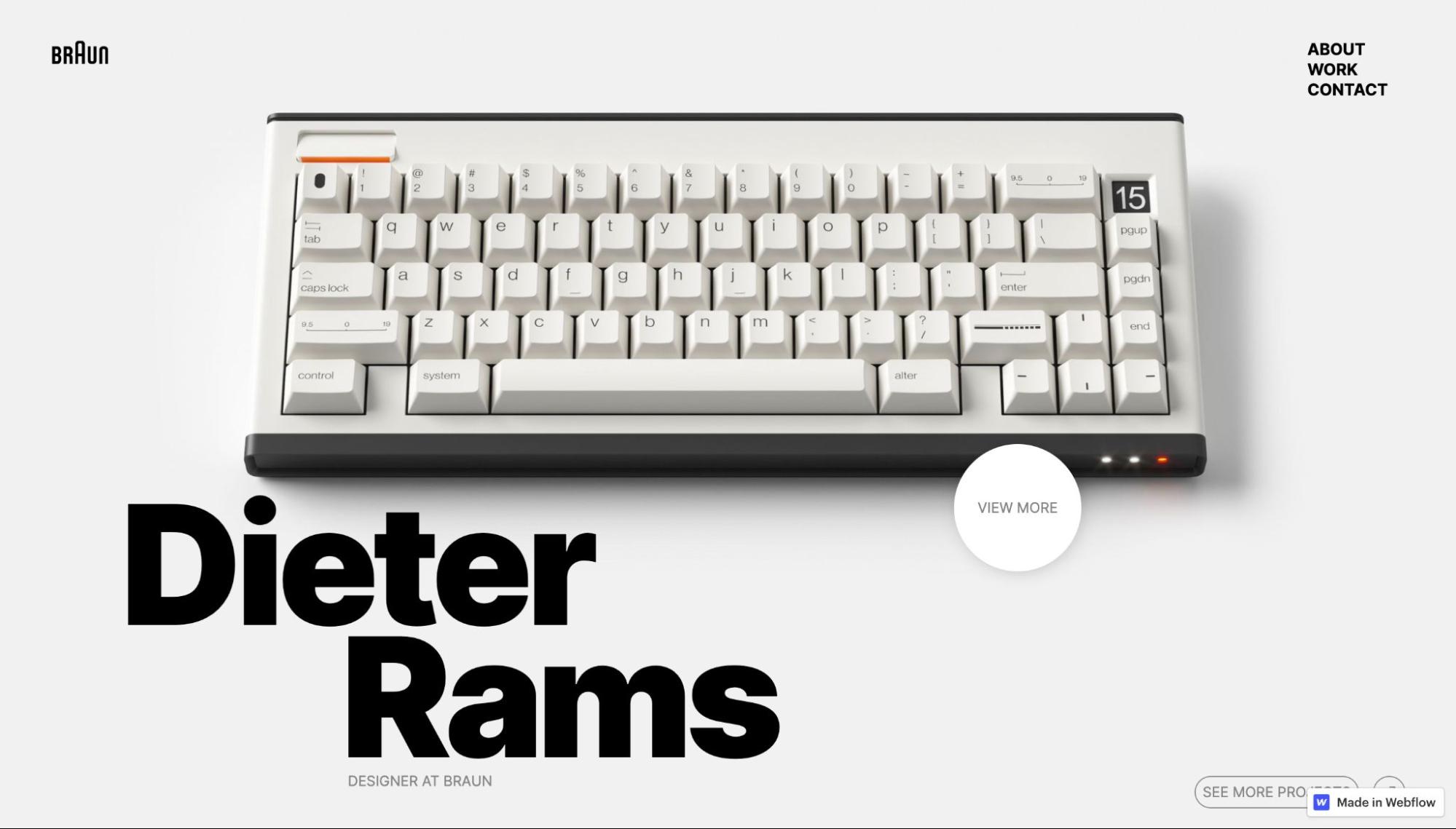 Photo of standard mechanical keyboard followed by bold, black text "Dieter Rams"