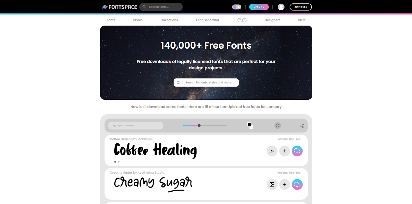 The FontSpace homepage starts with the headline “130,000+ Free Fonts,” followed by a list of new fonts.