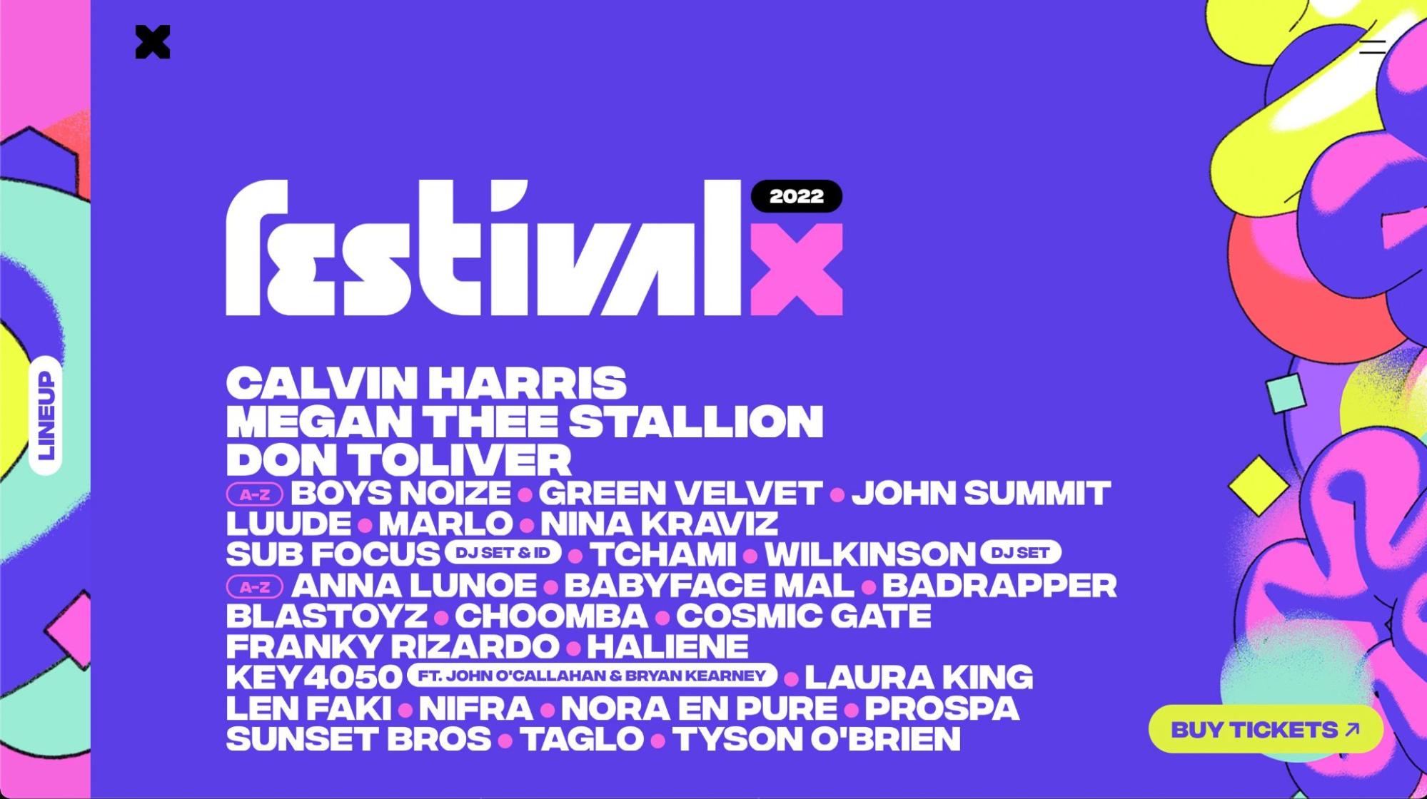 Festival X site. Purple background with colorful, bubbly illustrations on right and left sides. White text listing bands. Bottom right, yellow button "BUY TICKETS"