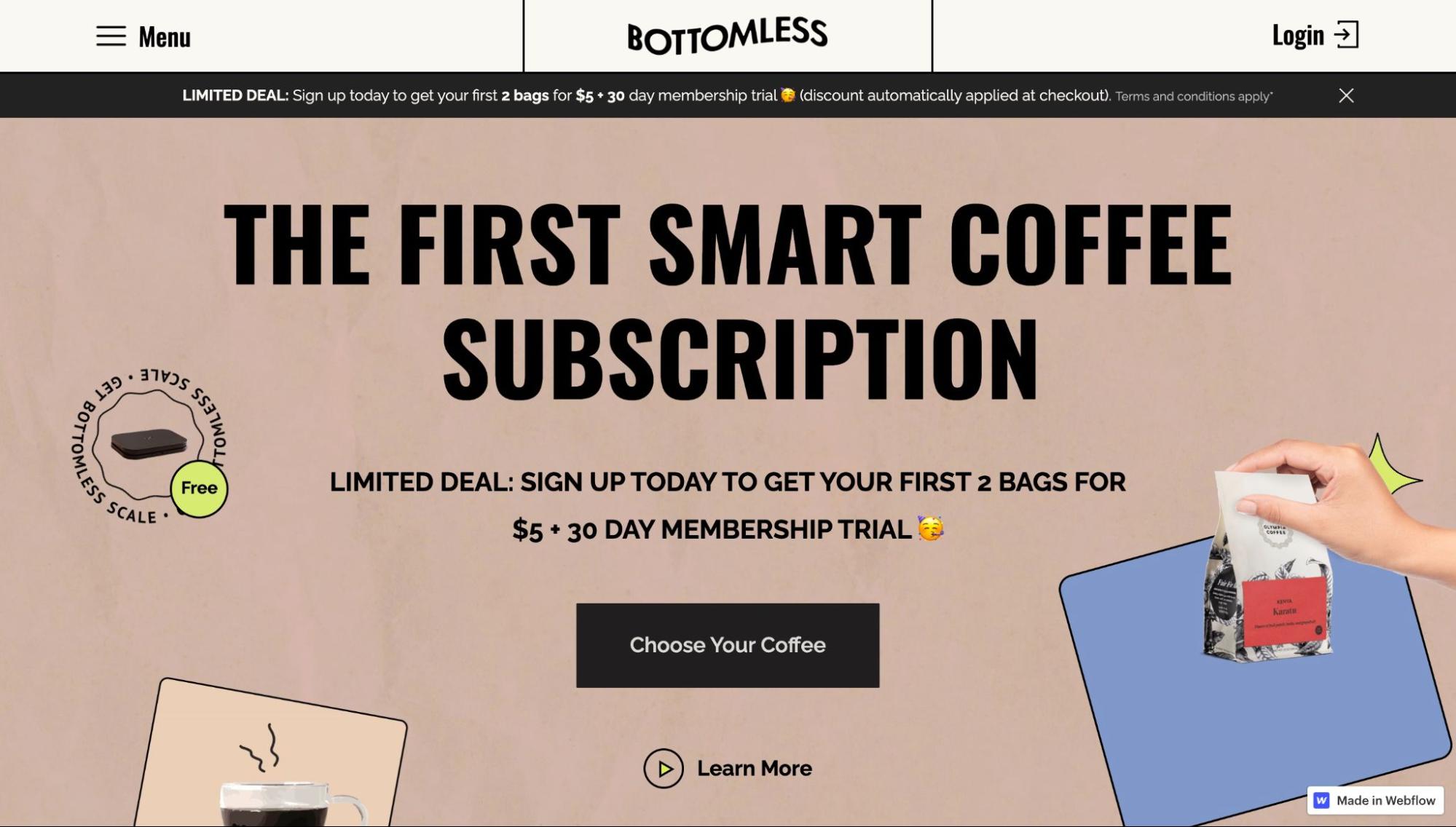 Bottomless website. Light brown background with bol, black text "The first smart coffee subscription"e