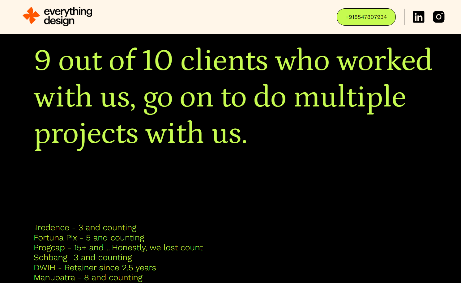Everything Design page section with the text “9 out of 10 clients who worked with us go on to do multiple projects with us,” plus a list of clients and the number of projects they’ve collaborated on.
