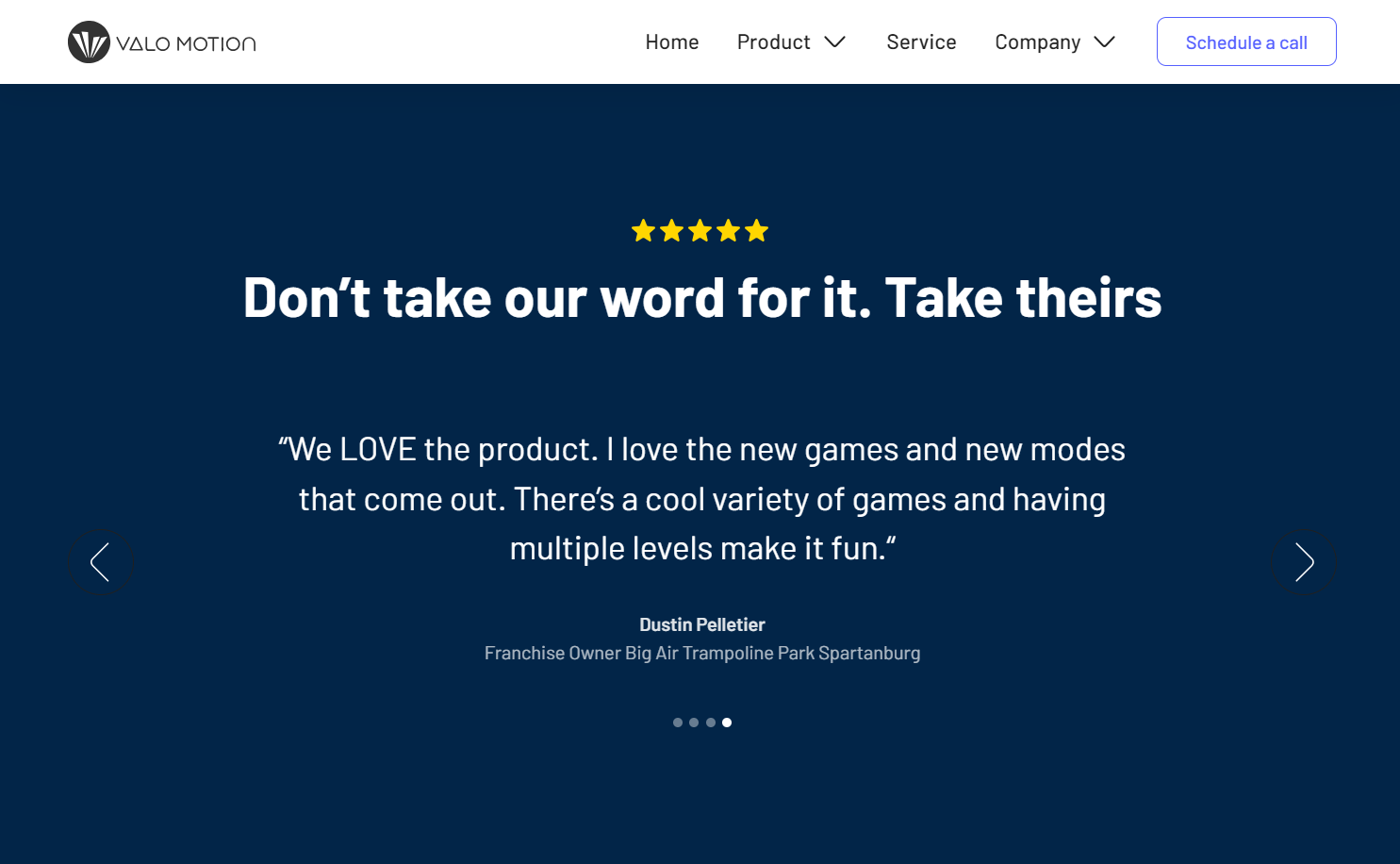 Valo Motion testimonials section with large text saying “Don’t take our word for it. Take theirs.”