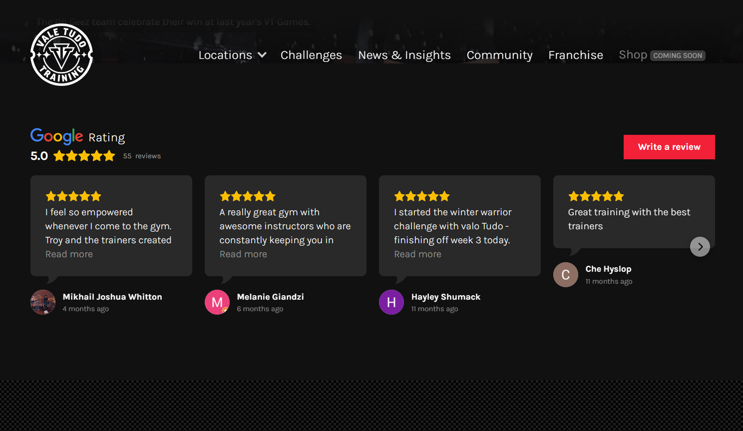 Vale Tudo Google reviews section showing five-star testimonials.