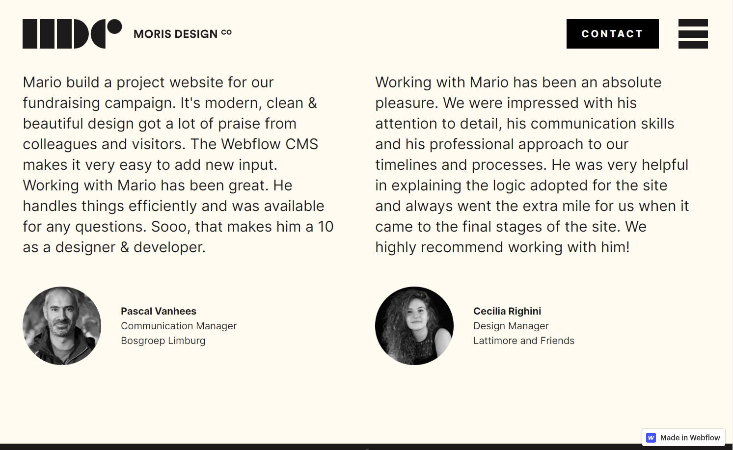Moris Design testimonials section displaying reviews from two different authors, each accompanied by their picture, name, job title, and location.