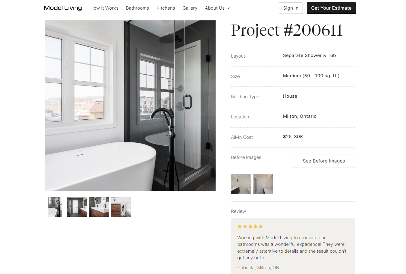 Project photos and testimonial for a Model Living bathroom project. The left side of the page features a large picture with more options on the bottom, while the right shows project details, including the layout, size, building type, location, and cost.