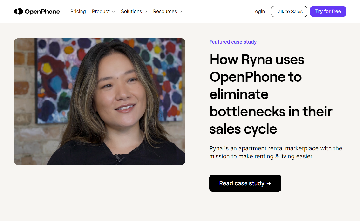OpenPhone case studies page showing a headshot of a smiling person on the left and text saying “How Ryna uses OpenPhone to eliminate bottlenecks in their sales cycle” on the right. Below the text is a CTA labeled “Read case study.”