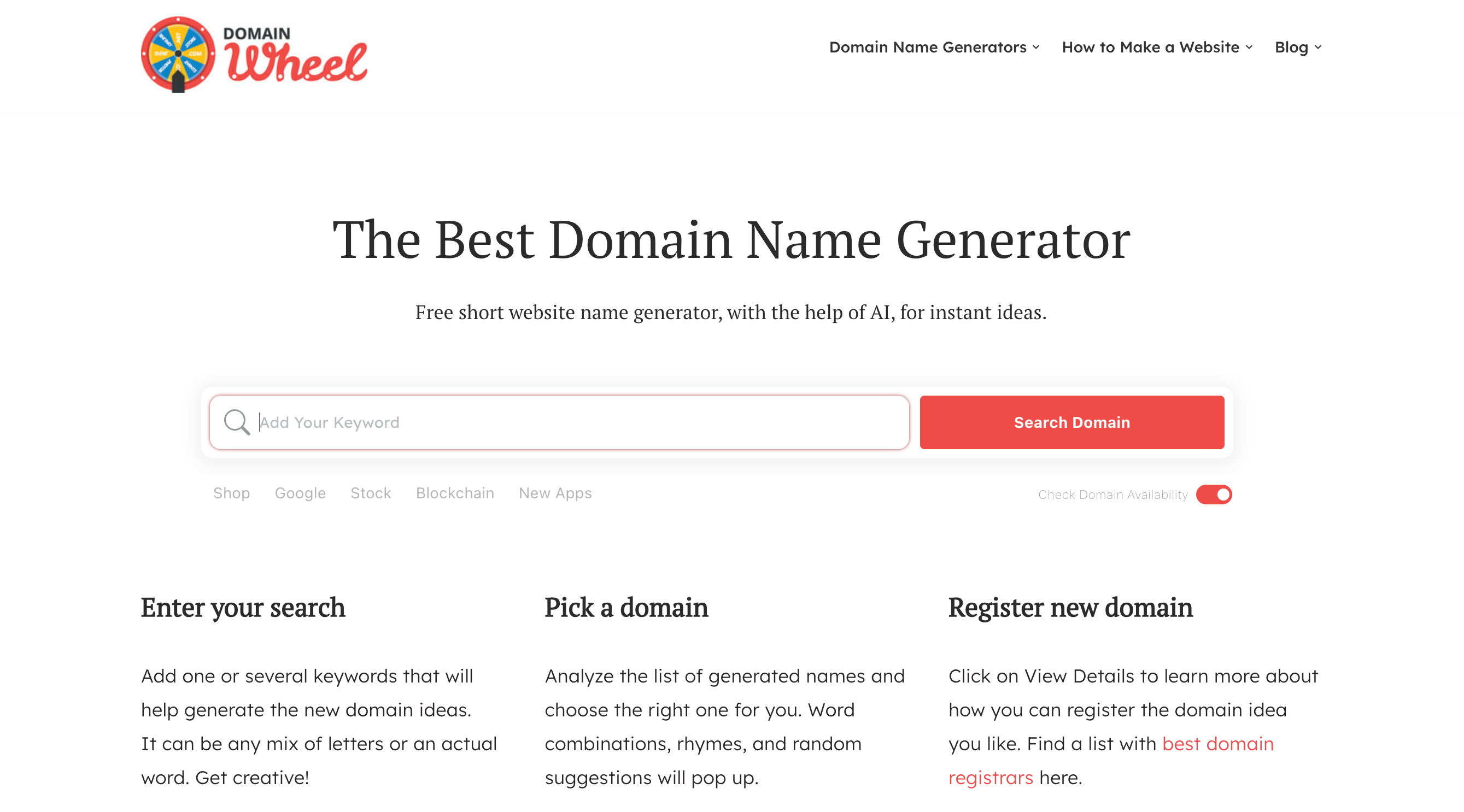 Screenshot of DomainWheel's name generator