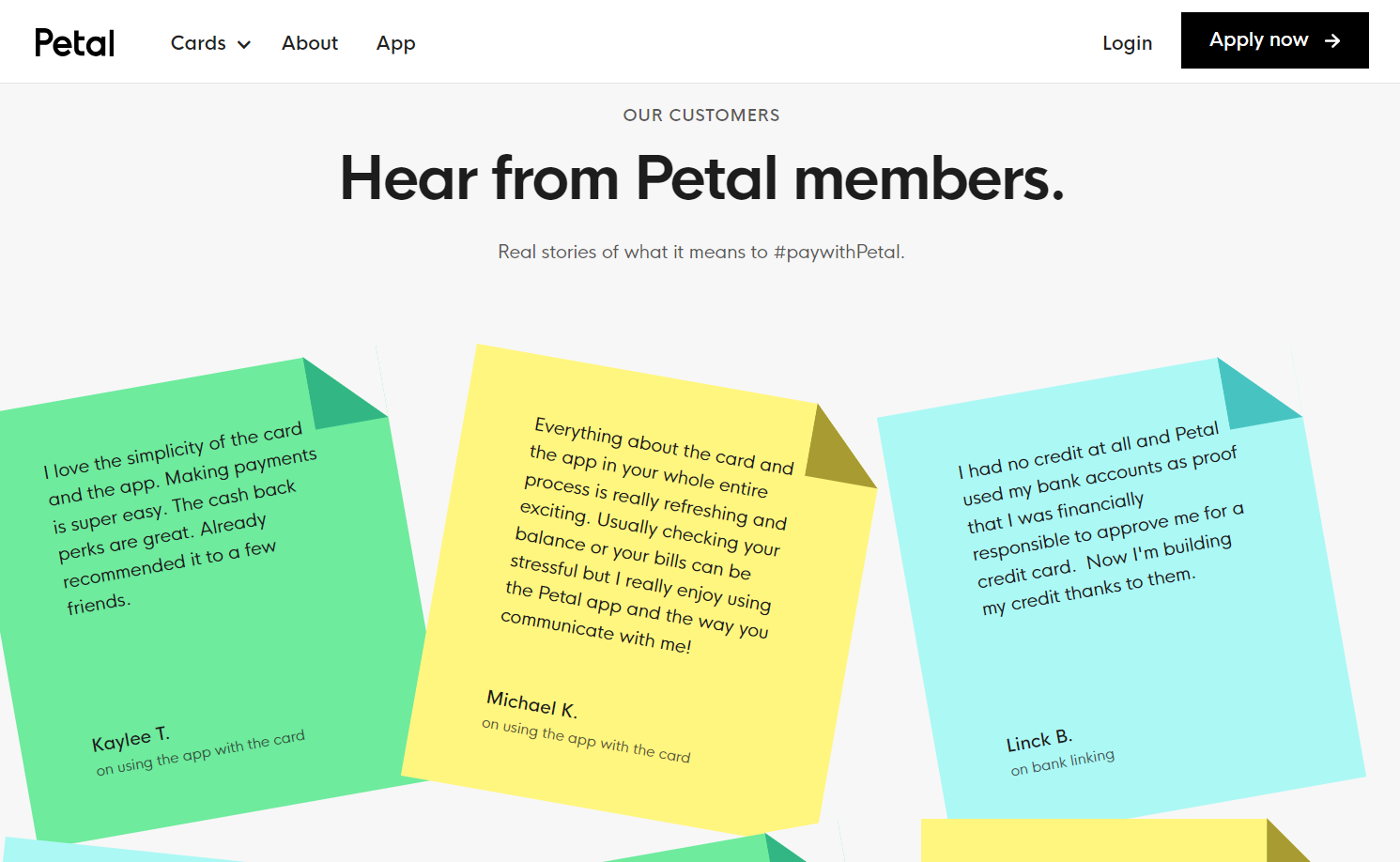 Petal testimonials page featuring reviews on colorful paper notes.