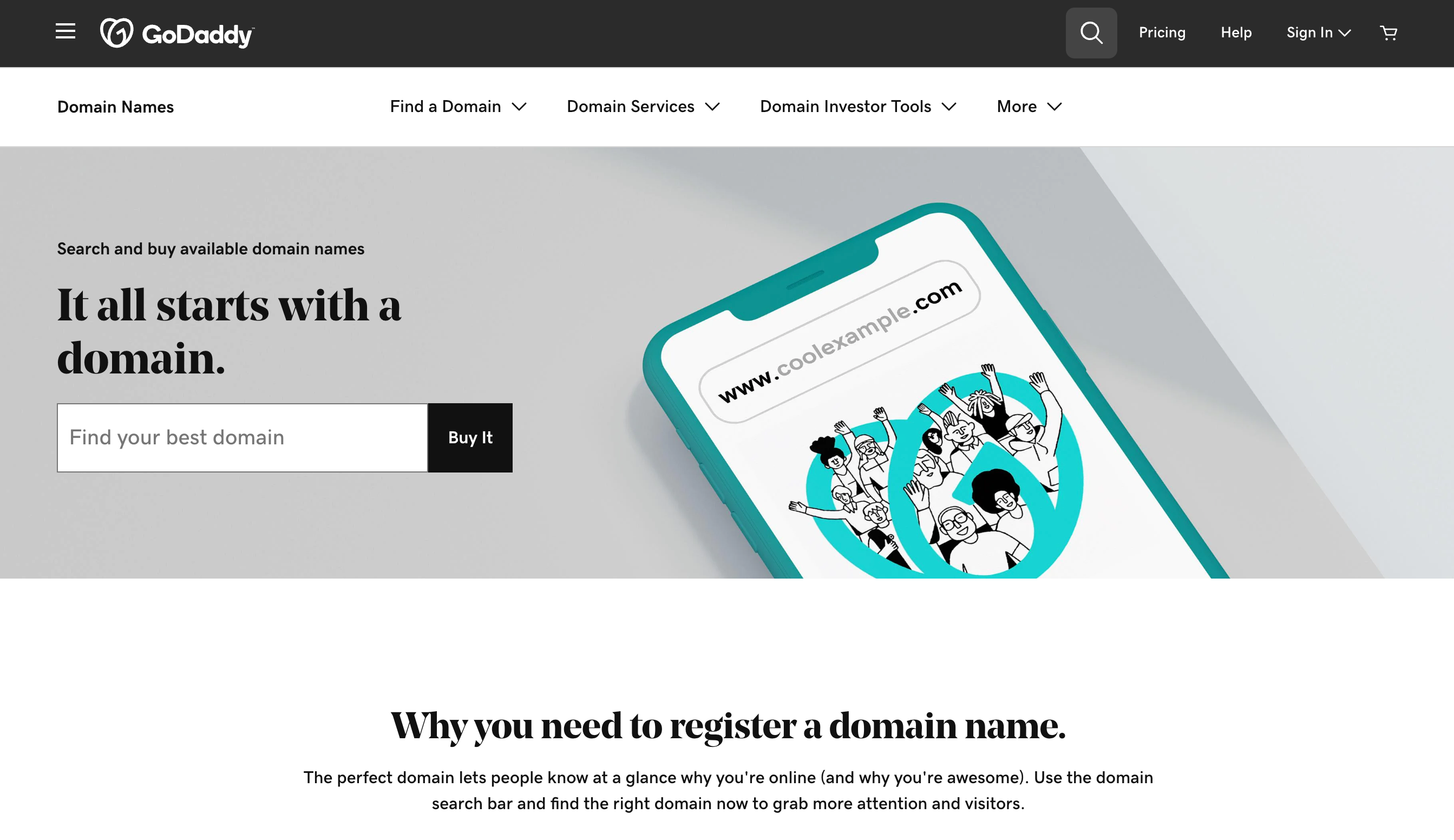 Screenshot of GoDaddy's domain name search page