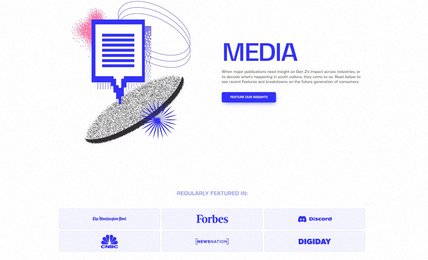 YouthLogic “In the Media” website section showing logos from The Washington Post, Forbes, Discord, CNBC, NewsNation, and Digiday on the bottom of the page.
