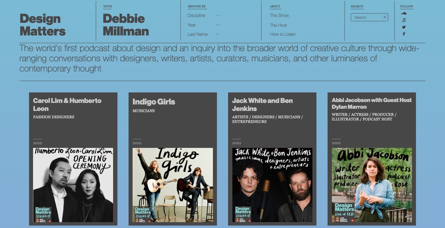 An image of the Design Matters podcast home page.