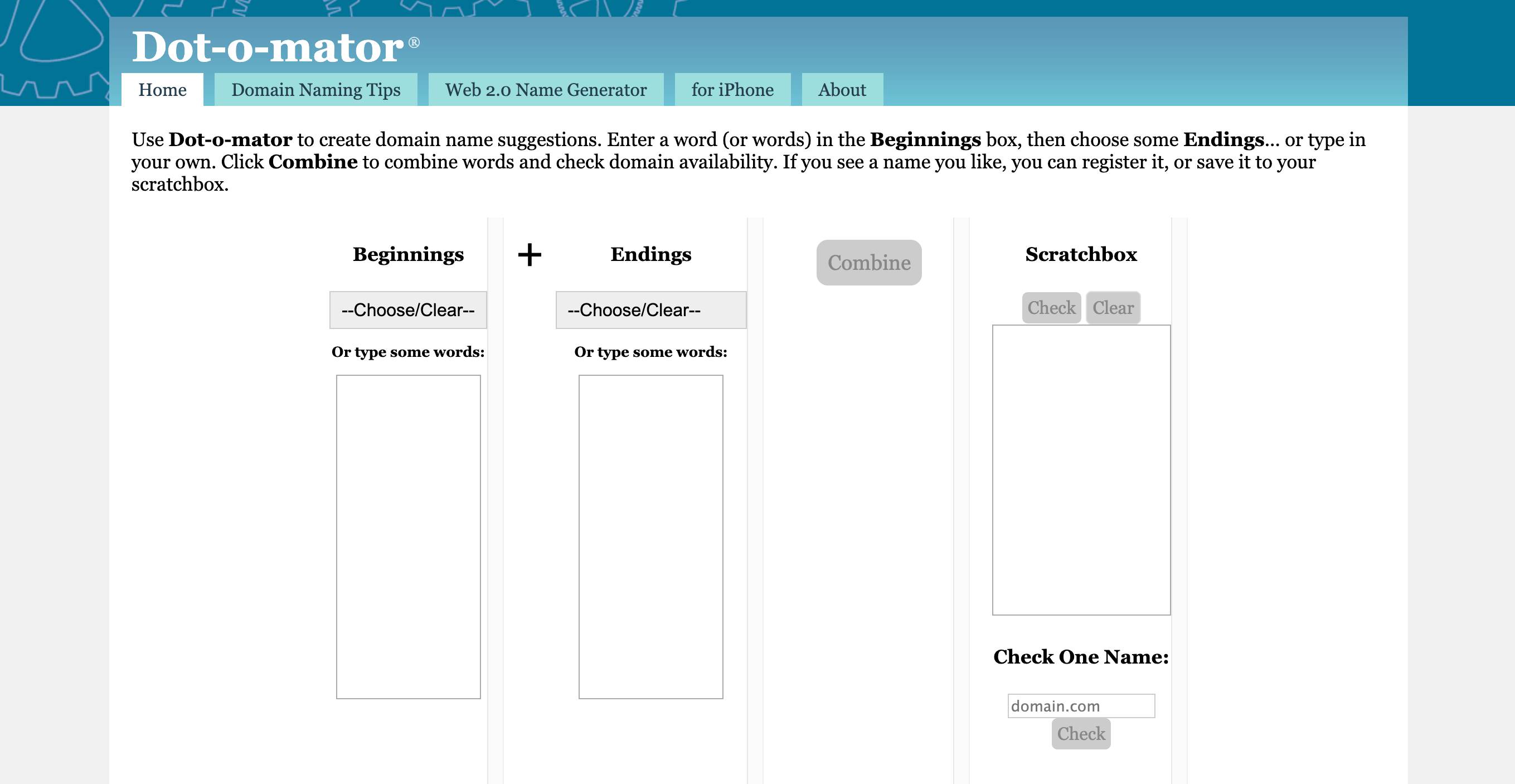 The homepage of Dot-o-mator, a domain name generator, that features three boxes where users can input Beginnings and Endings of a domain name and save their favorite results.