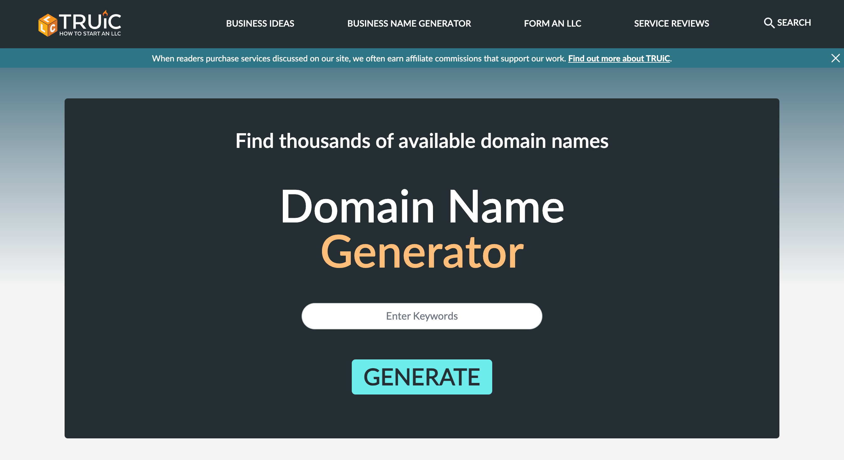 A screenshot of Truic's domain name generator