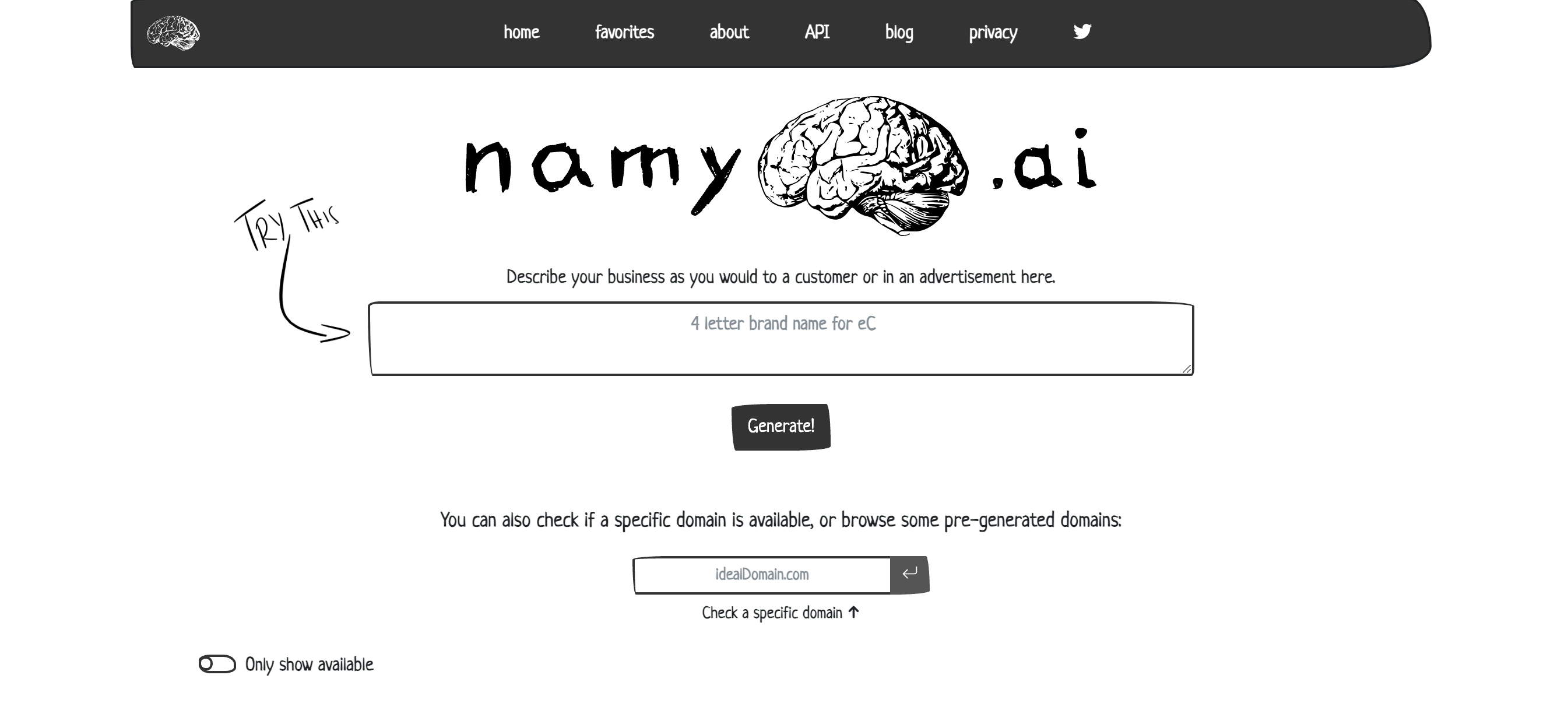 Screenshot of the homepage of Namy an AI powered domain name generator that shows a search box asking you to describe your business.