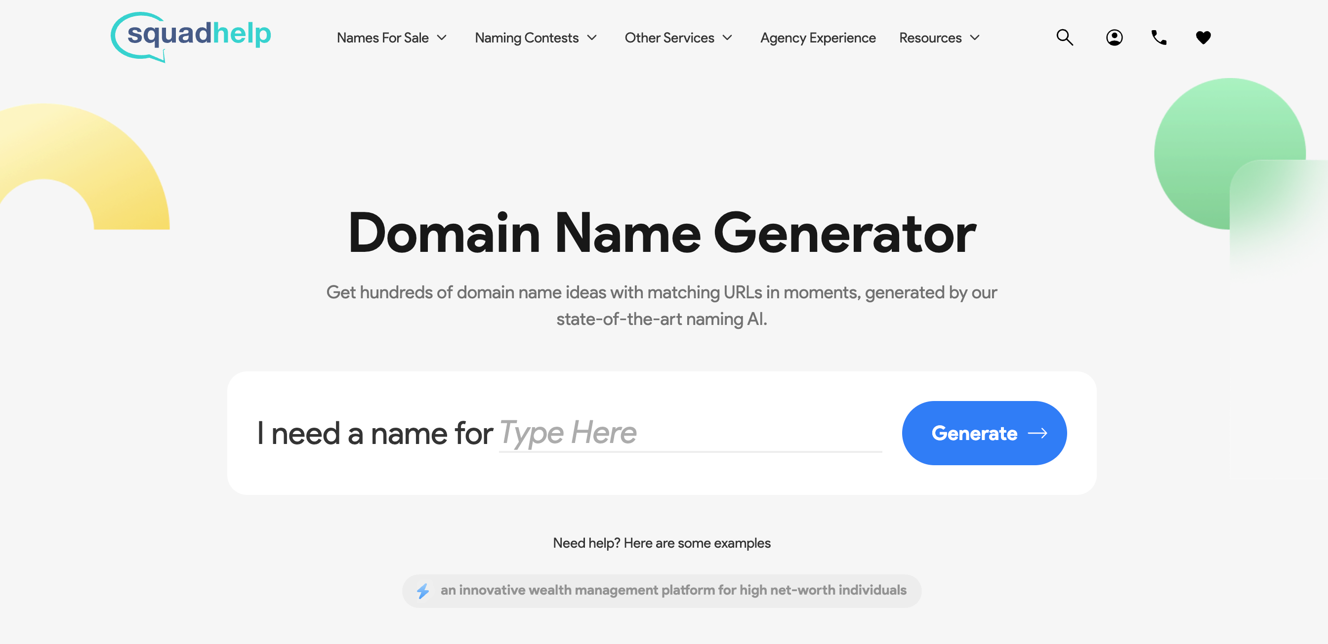 A screenshot of squadhelp's domain name generator prompts users with "I need a name for" with a space to type one sentence about your business and a button to generate results.
