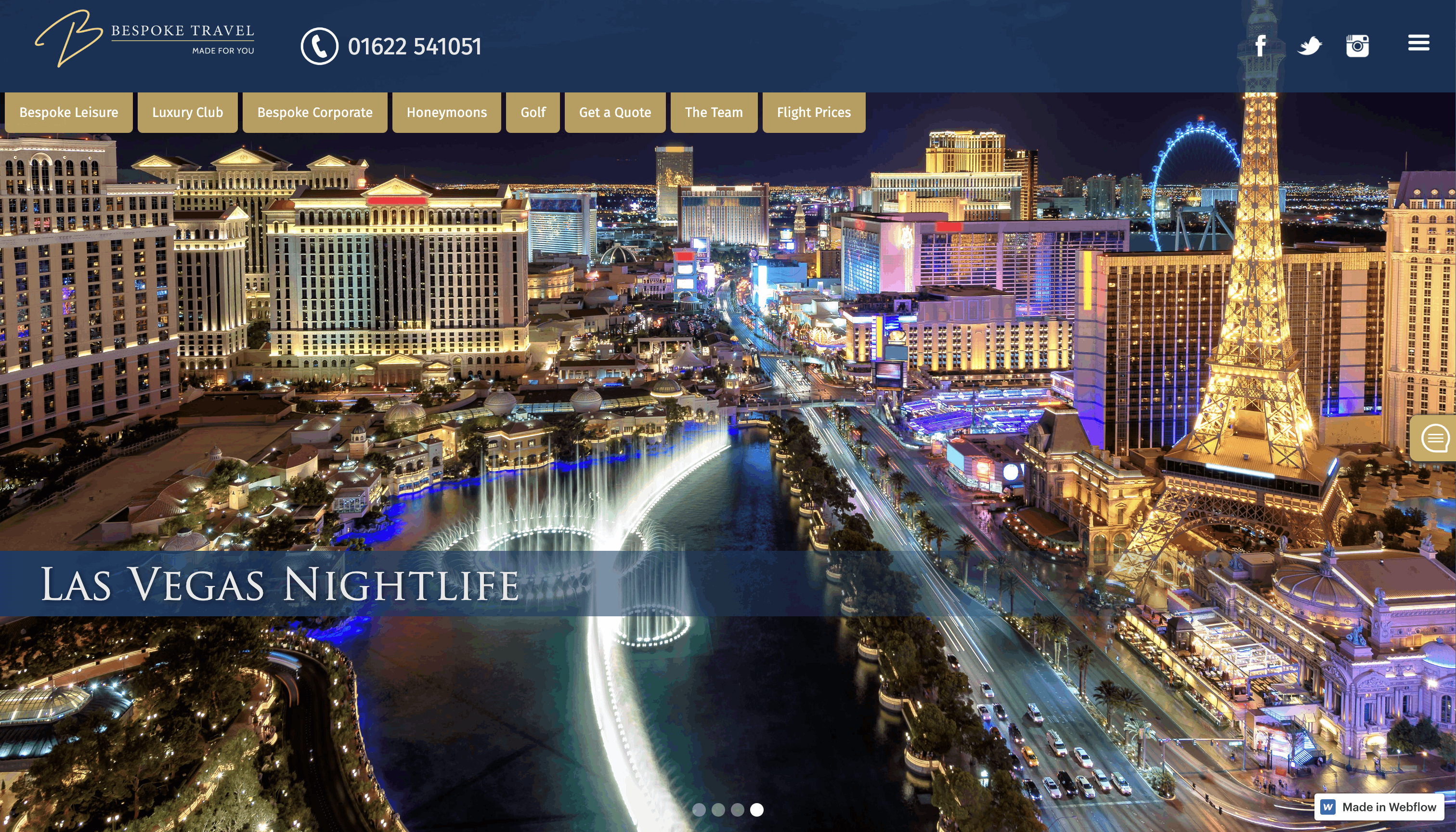 A screenshot of Bespoke Travel’s site showcasing an aerial shot of Las Vegas at night.]