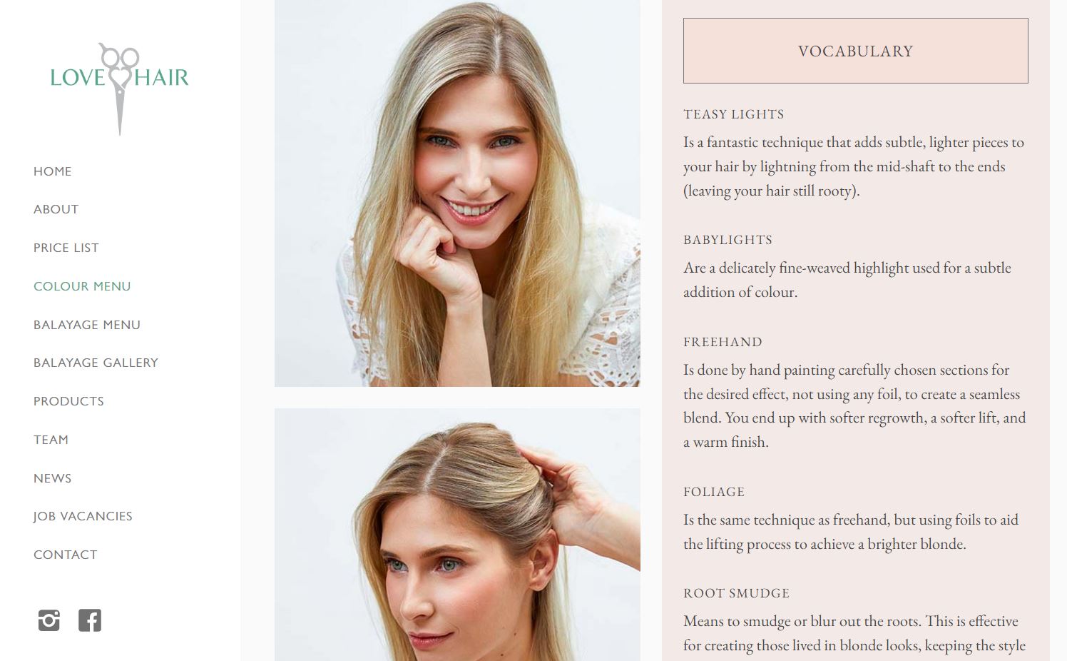A screenshot of the Love Hair Singapore site showing a menu, photos of a blonde woman showing off a hairstyle and another receiving a hair treatment, and a vocabulary panel with descriptions of the terms “teasy lights,” “babylights,” “freehand,” “foliage,” and “root smudge.”