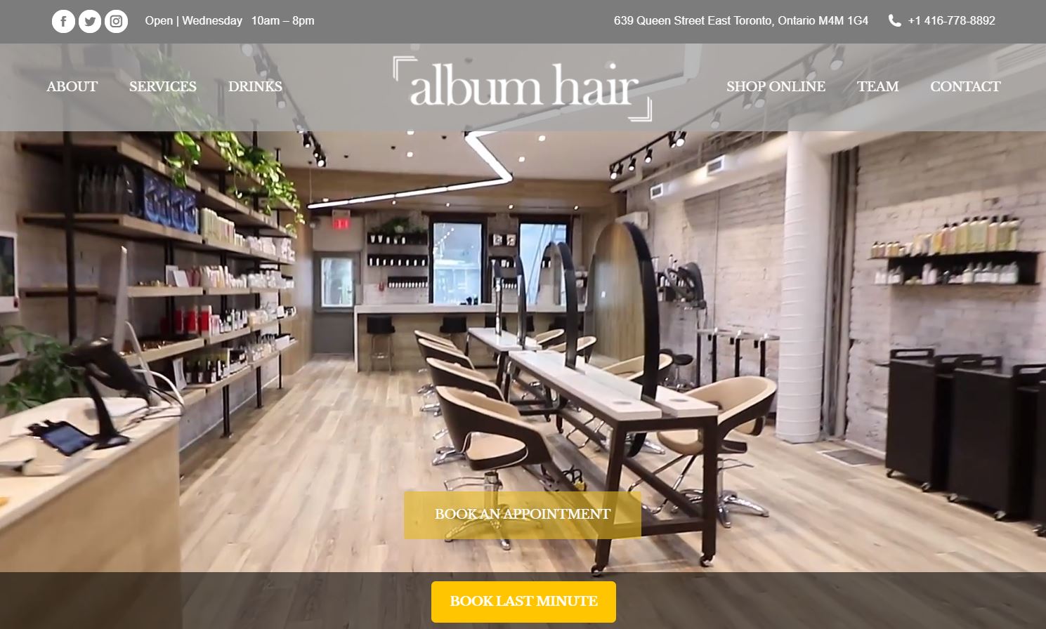 A screenshot from the Album Hair landing page showing a still from the background video of the salon’s interior.