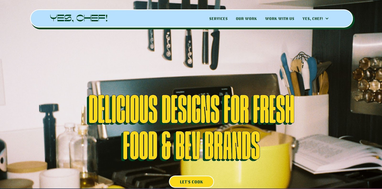 An image of the Yes Chef Studio by design agency OK Micah. The headline reads "Delicious Designs for Fresh Foods and Bev Brands."