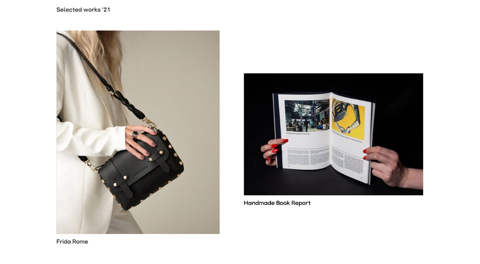 A designer and photographer’s portfolio showing off two products: a photograph of a handbag and a well-composed magazine.