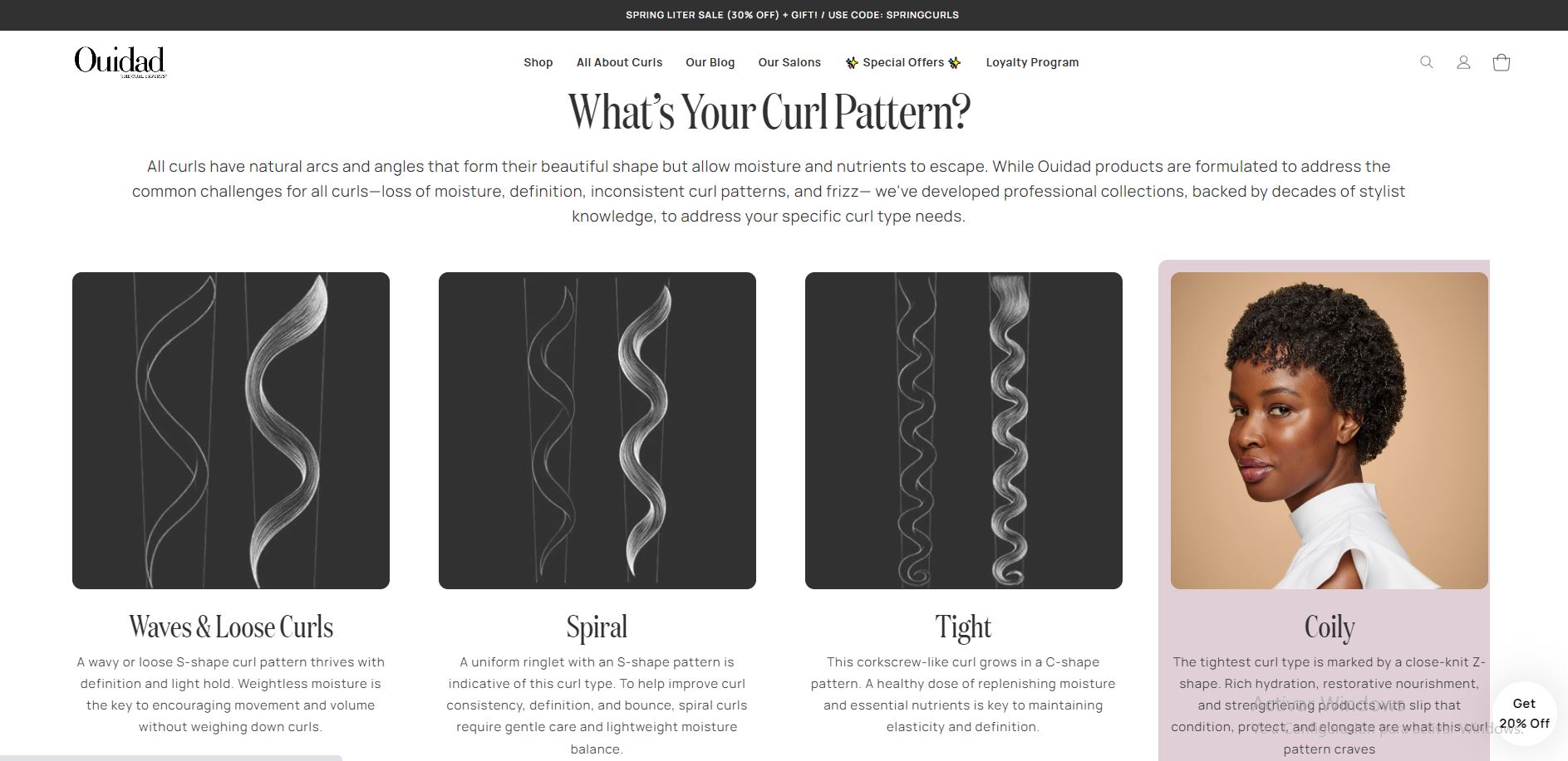 A screenshot of Ouidad’s “All about curls” page. The header text reads “What’s your curl pattern?” and below, a graphic shows images of four types of curls: waves and loose curls, spiral, tight, and coily.