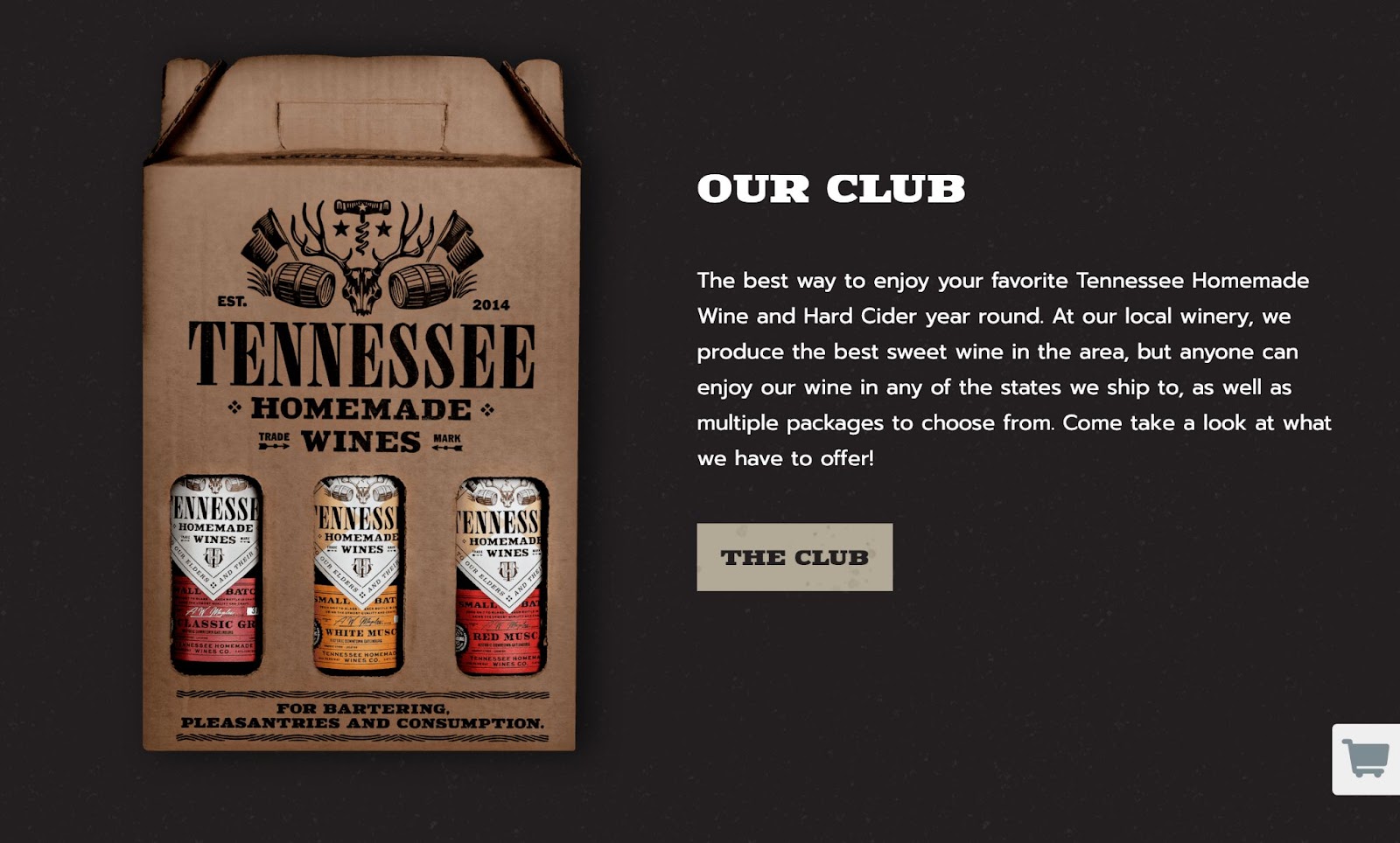 A black background with a photo of a box of packaged Tennessee wine cans next to text describing the wine club and a “The Club” button.